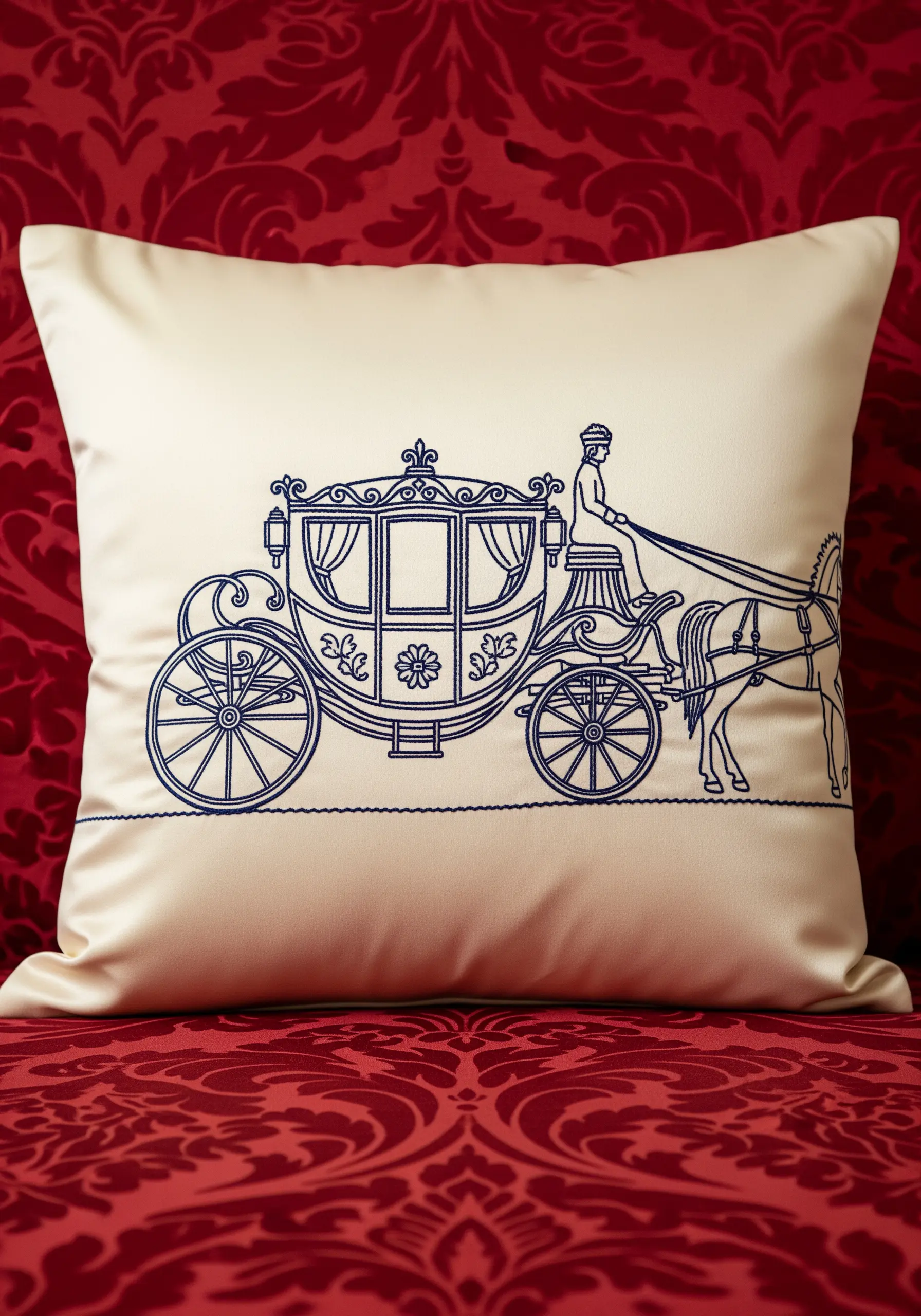 A fine line-art embroidery of a royal horse-drawn carriage on a cream cushion.