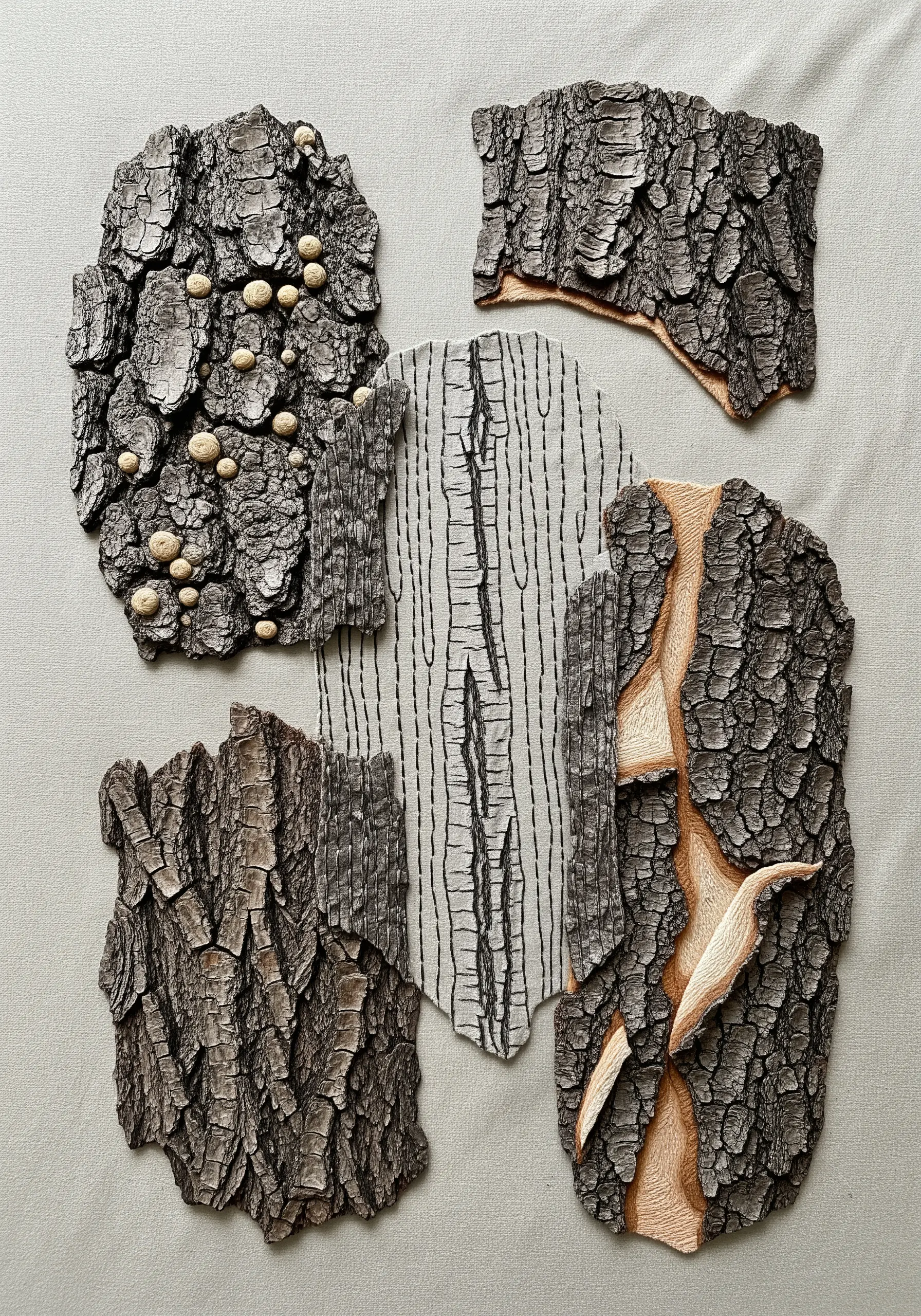 A collage of embroidered bark samples showing different textures, from line work to thread painting.