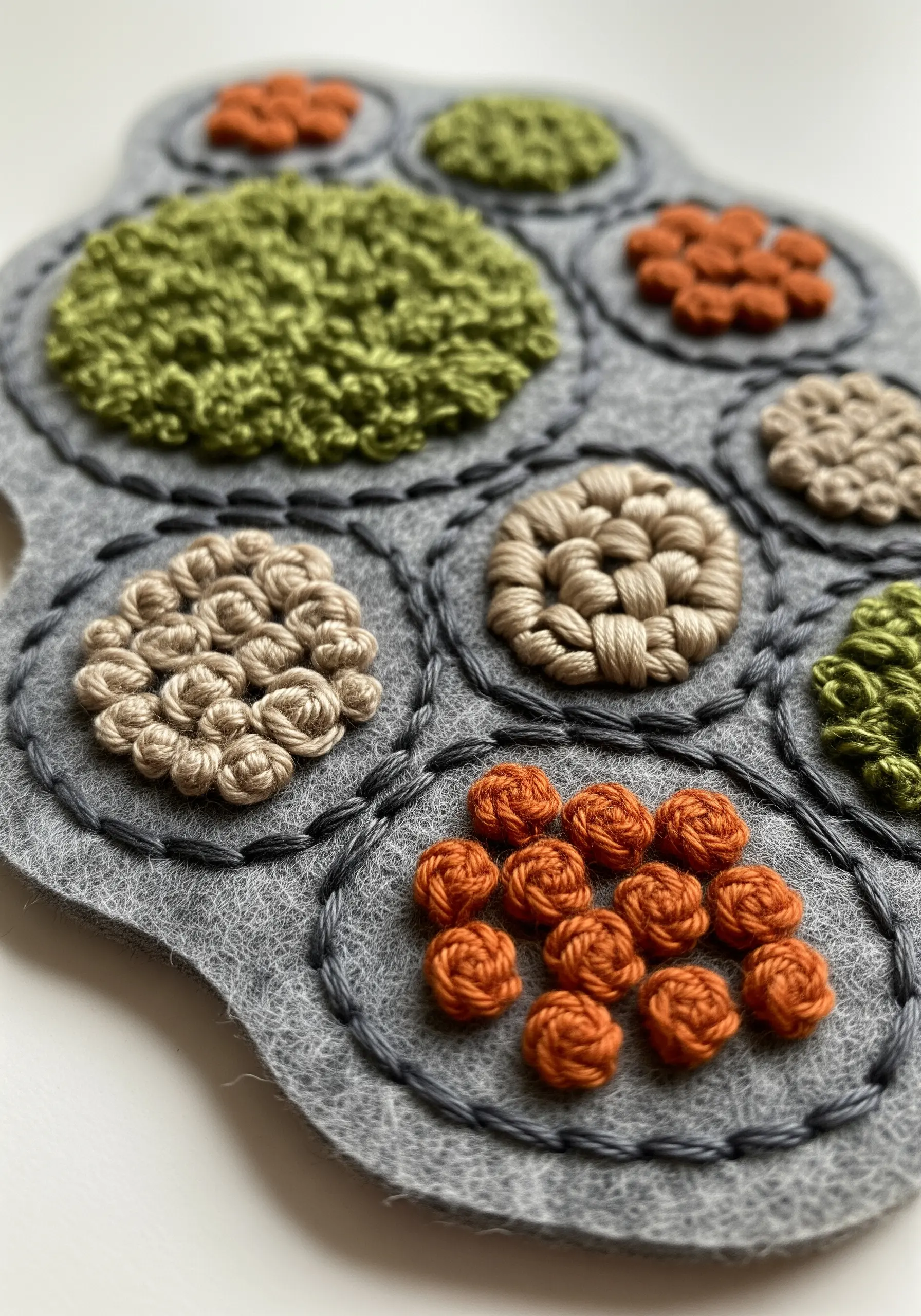 A sampler of textured stitches like French knots and woven wheels on grey felt.