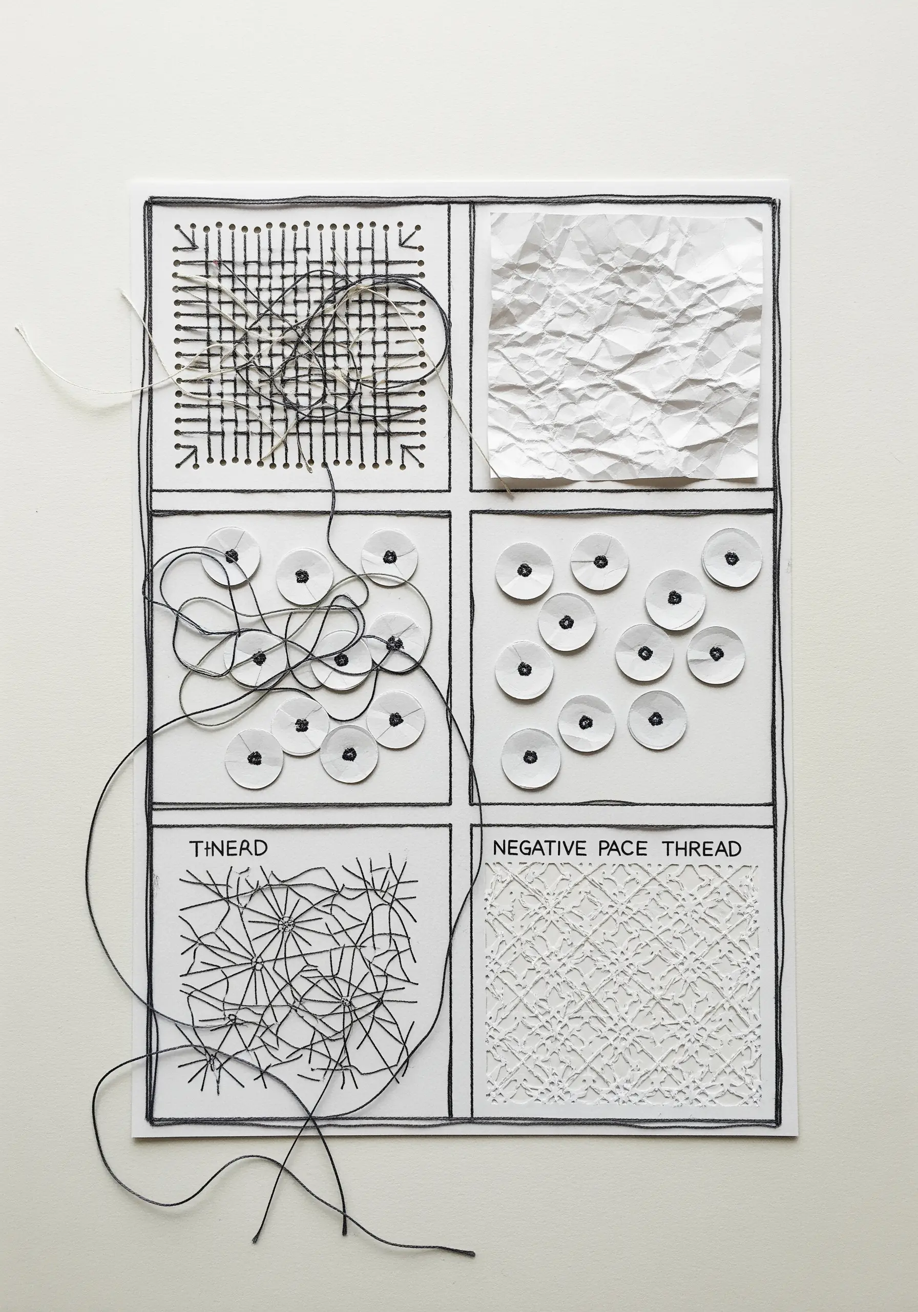 A six-panel sampler exploring different abstract thread textures, tangles, and negative space.