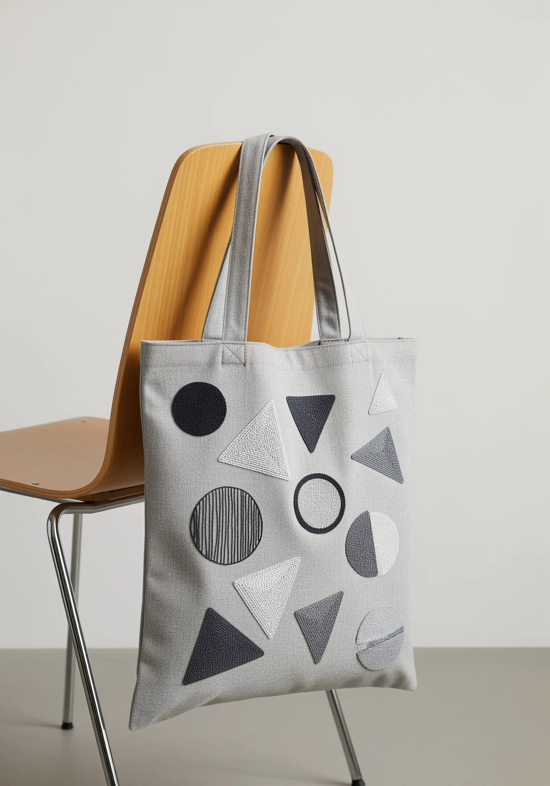 Assortment of embroidered geometric shapes with various textures on a gray tote bag.