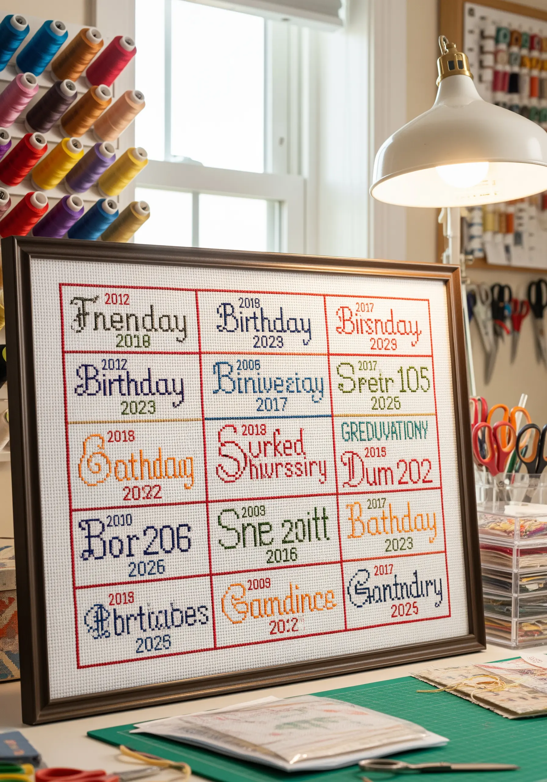 A framed embroidery piece with a grid of important family dates, names, and events.