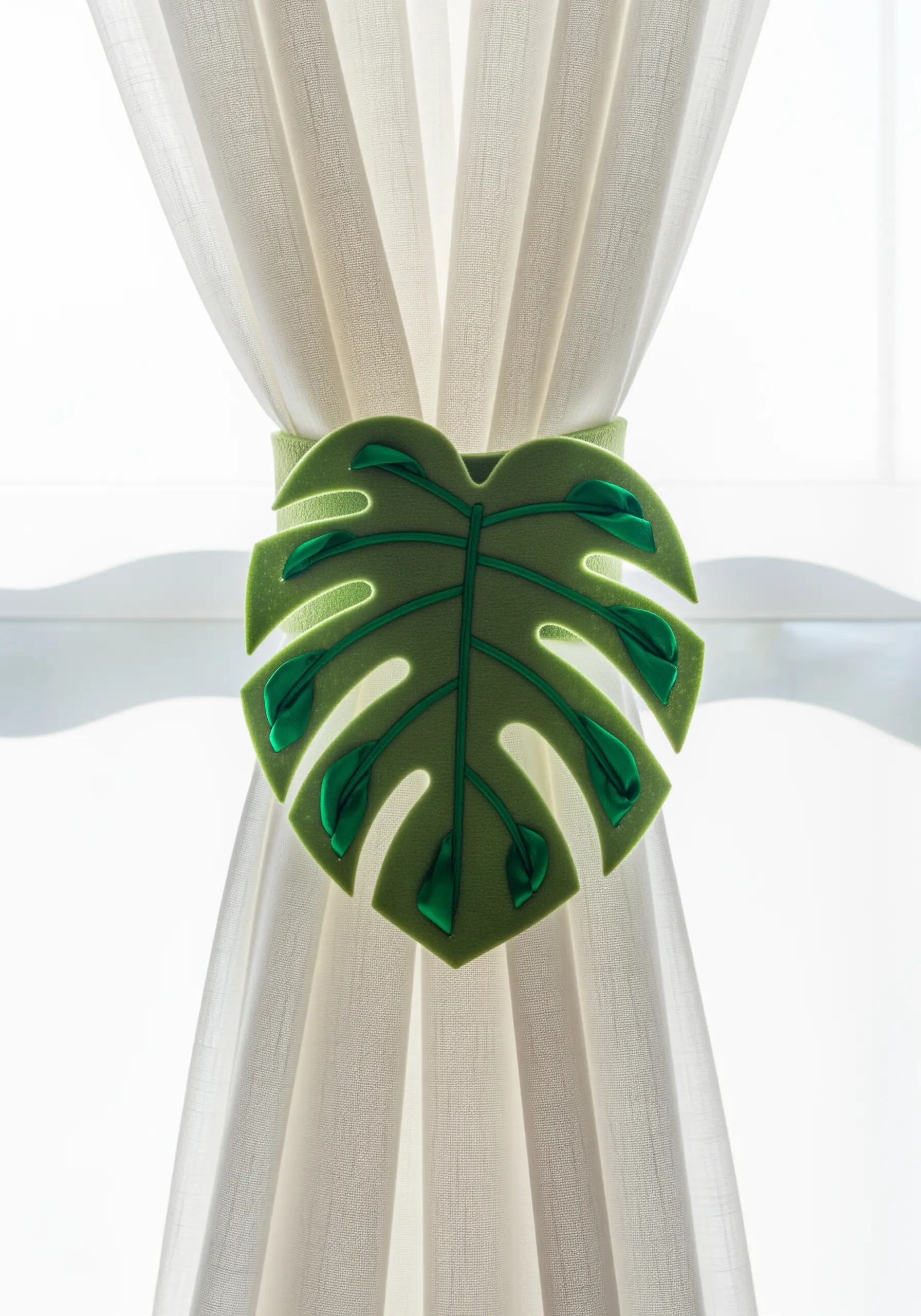 A green felt Monstera leaf-shaped curtain tie-back with satin ribbon details.