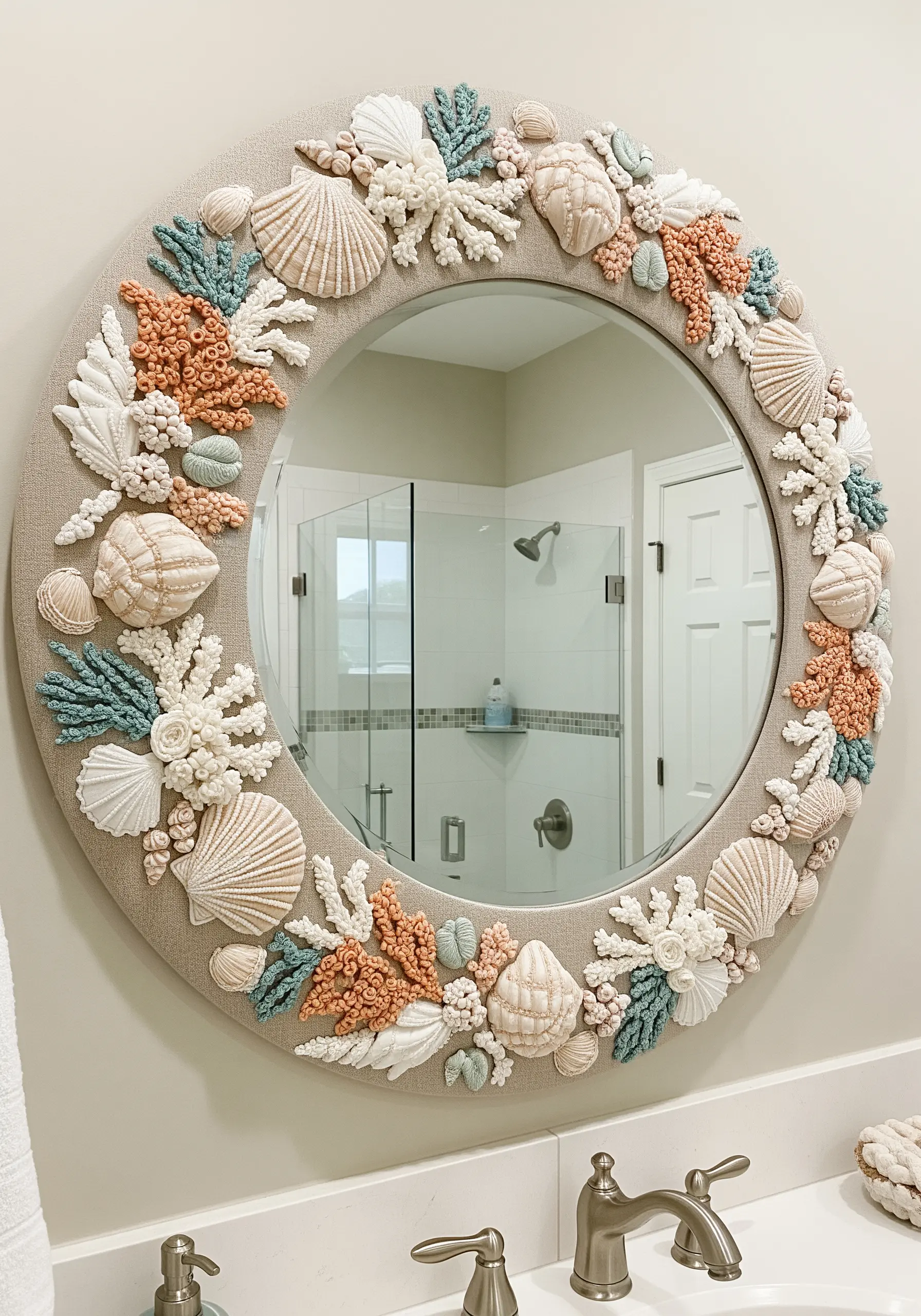 A round mirror framed with 3D embroidered and crocheted seashells and coral in coastal colors.