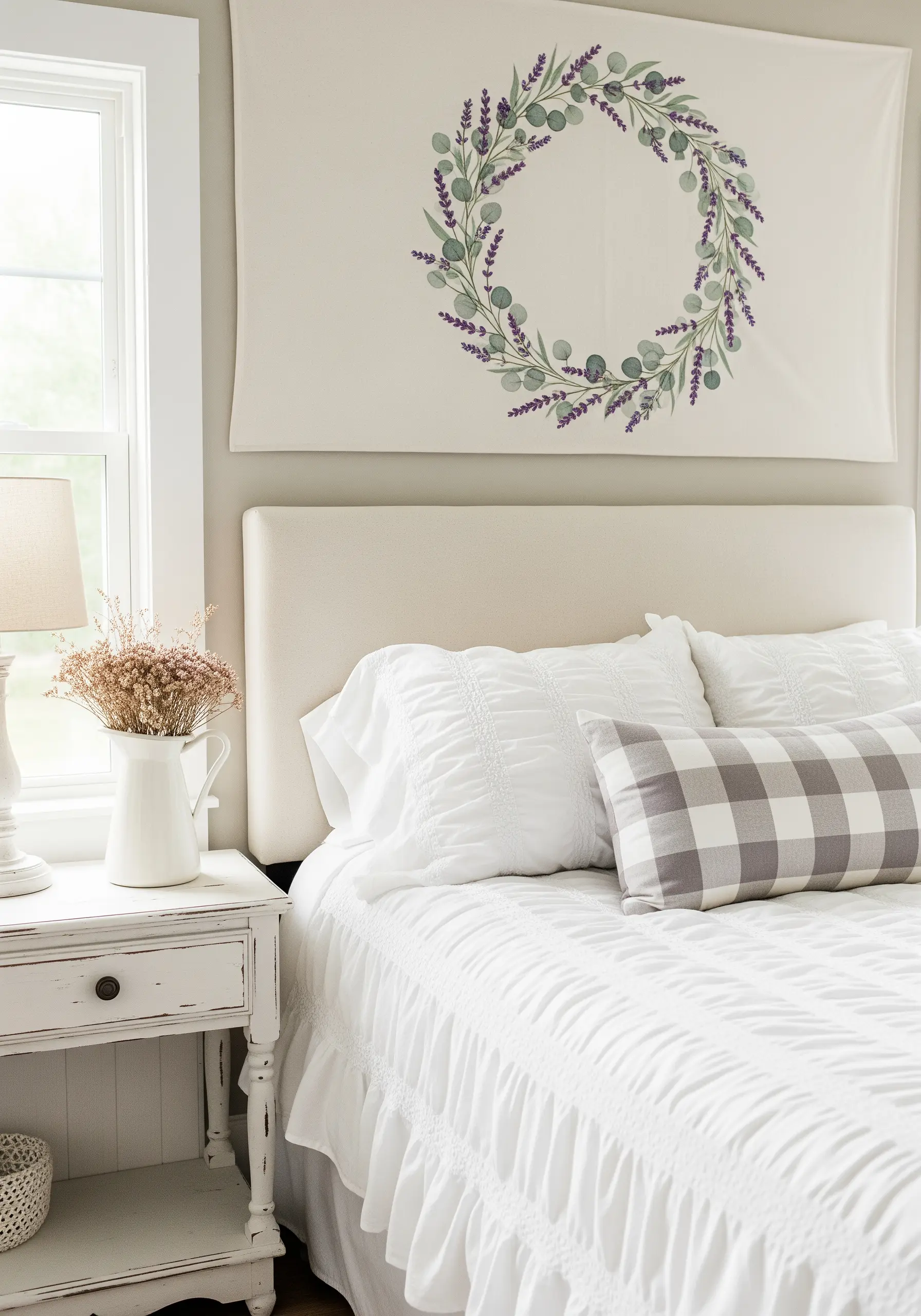 An embroidered banner with a lavender and eucalyptus wreath hanging above a neutral headboard.