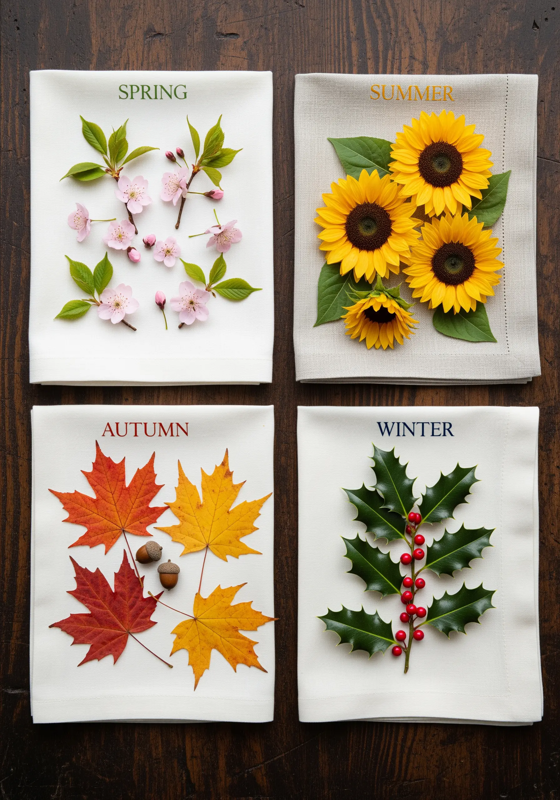 Four napkins displayed, each representing a season: spring blossoms, summer sunflowers, autumn leaves, and winter holly.