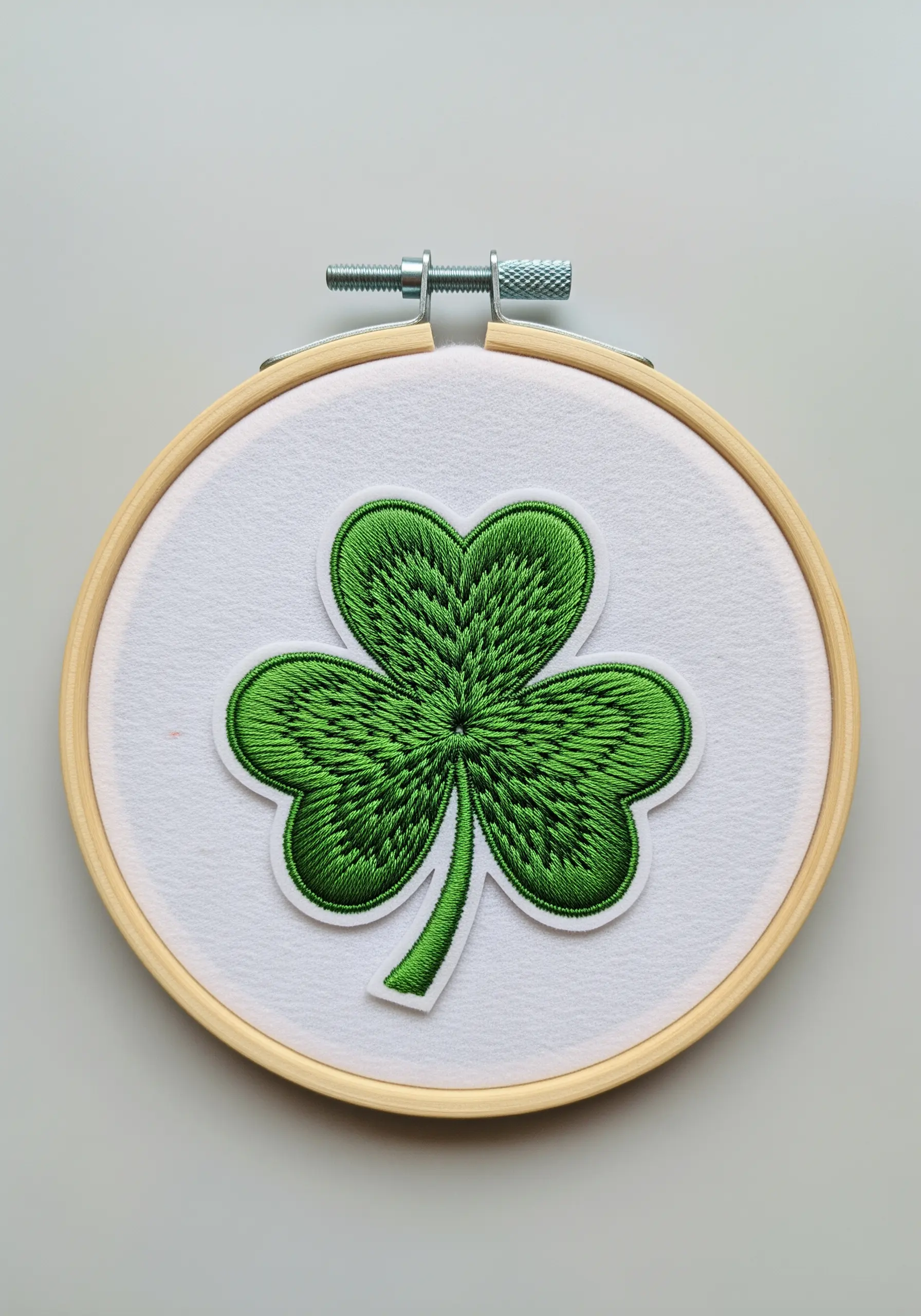 A vibrant green shamrock patch with detailed shading created by thread painting.