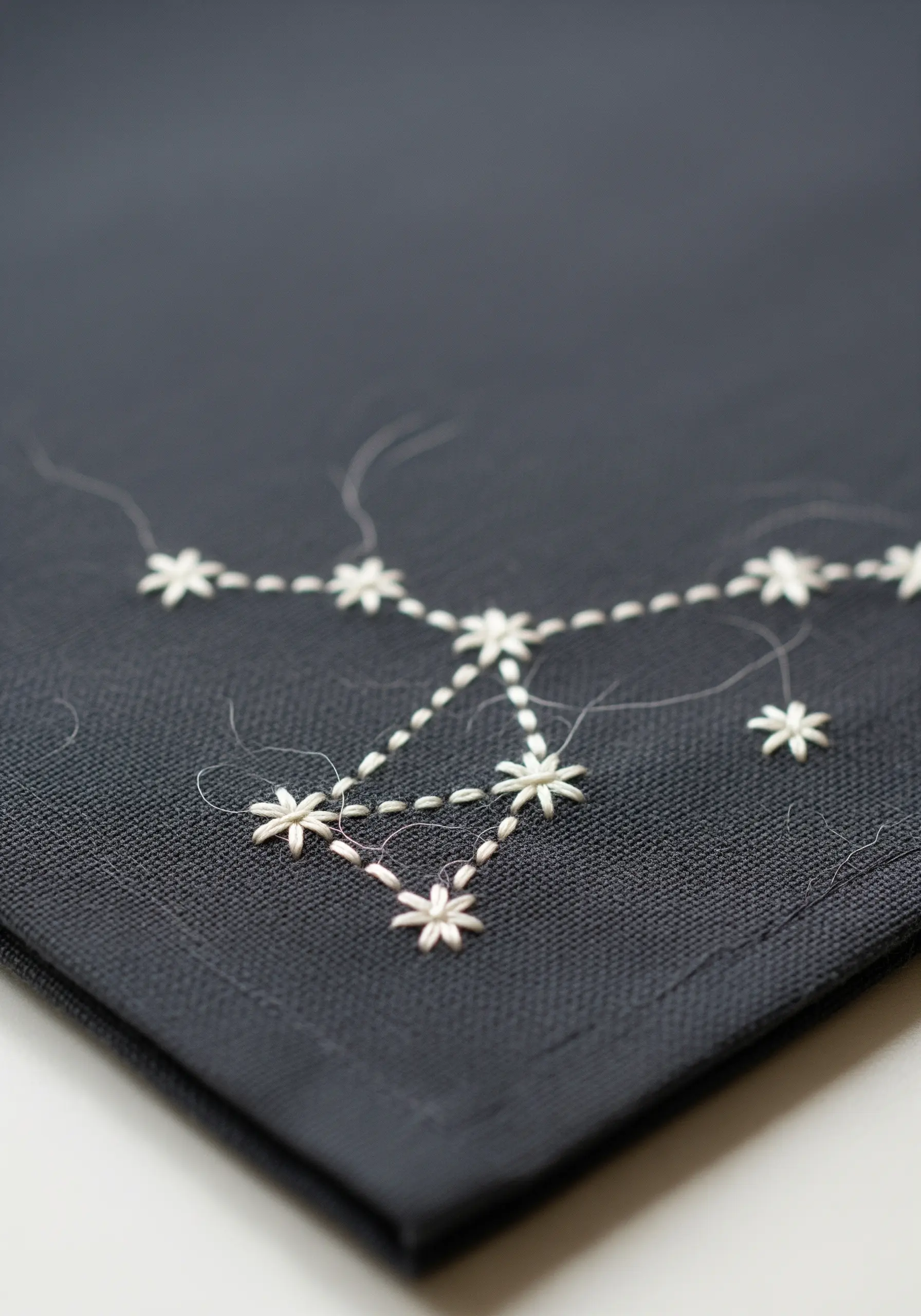 A constellation embroidered with star stitches on dark gray fabric.