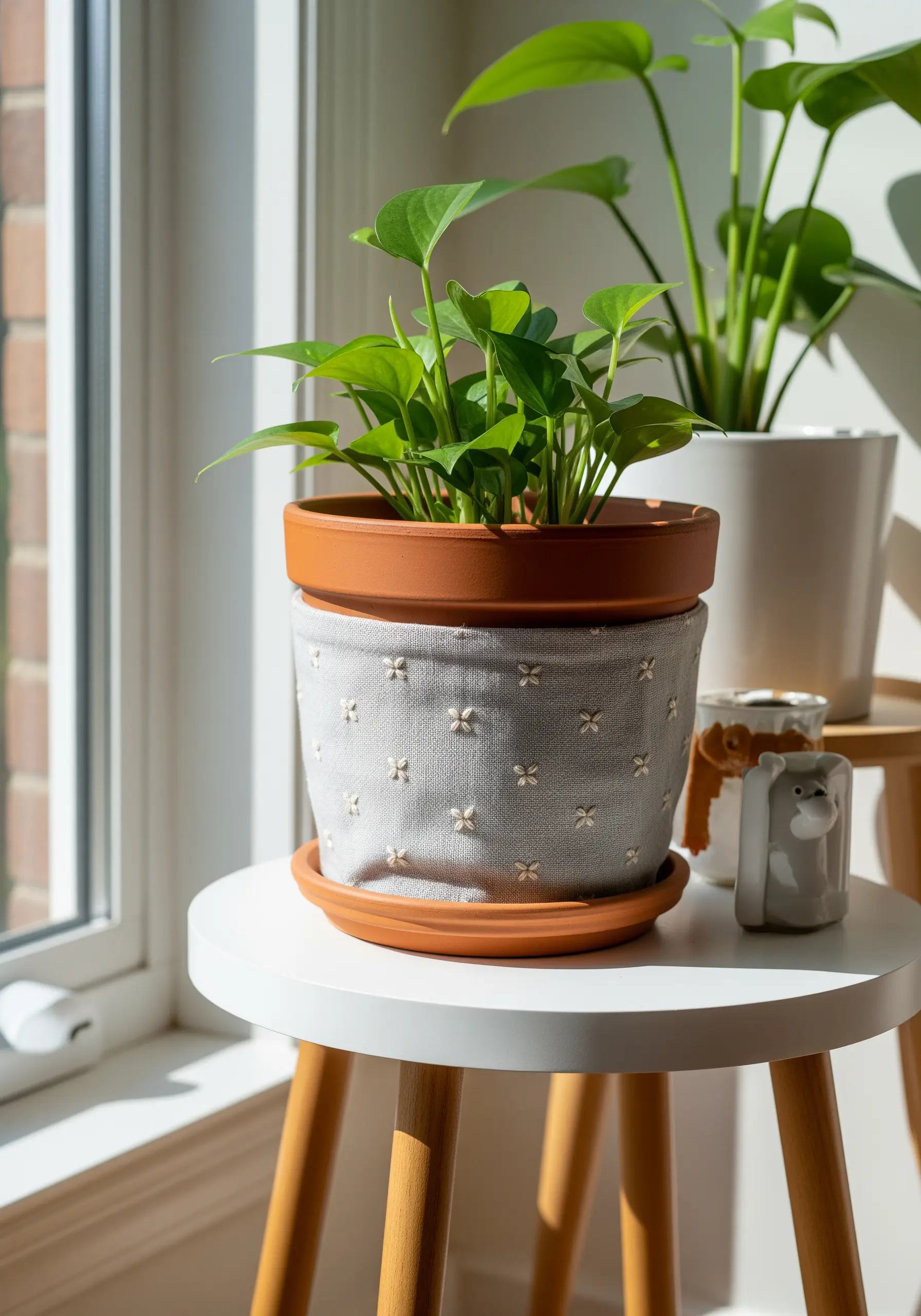 A fabric plant pot cover with a repeating pattern of small white star stitches.