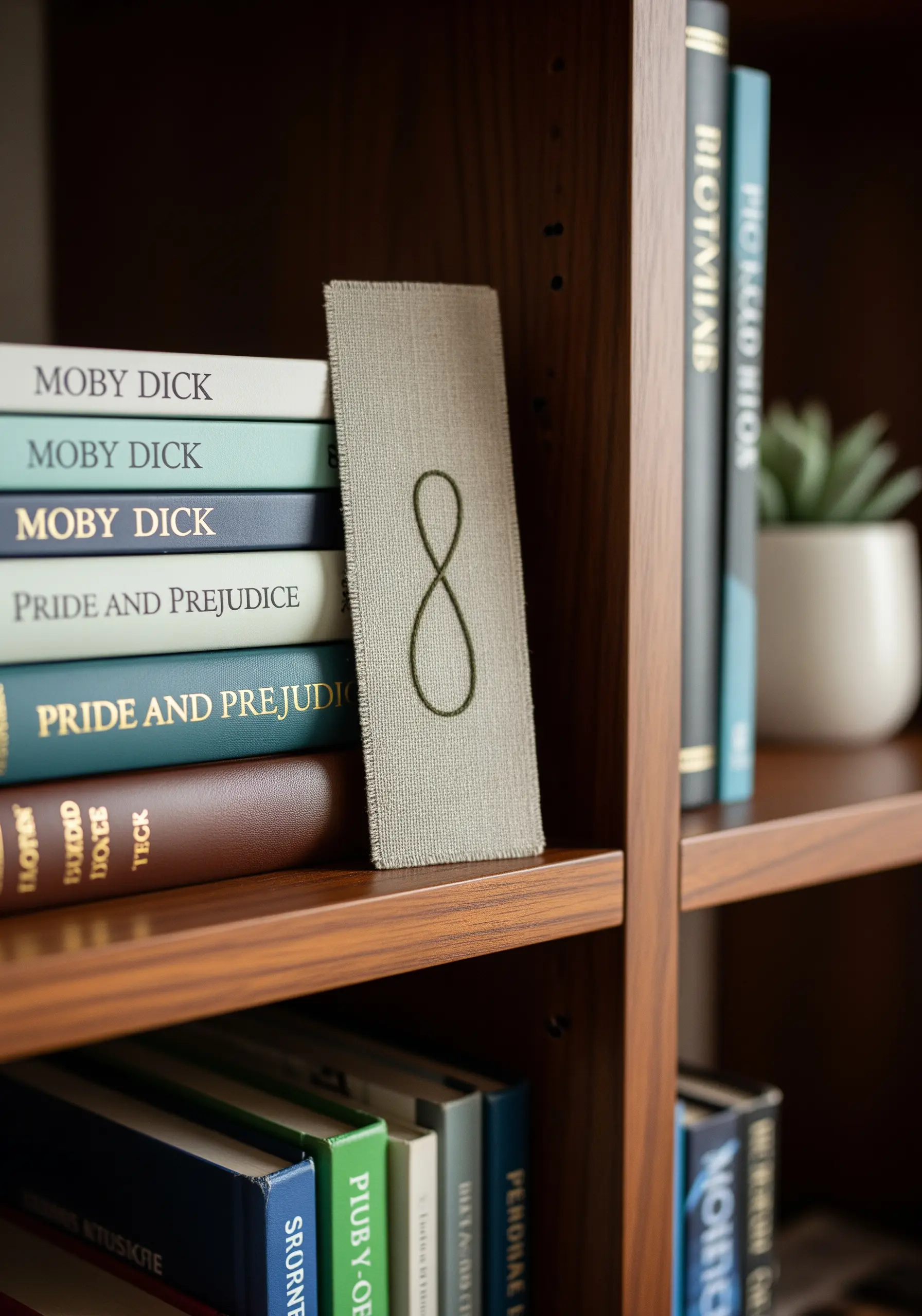 A simple infinity symbol embroidered in dark green on a linen bookmark.