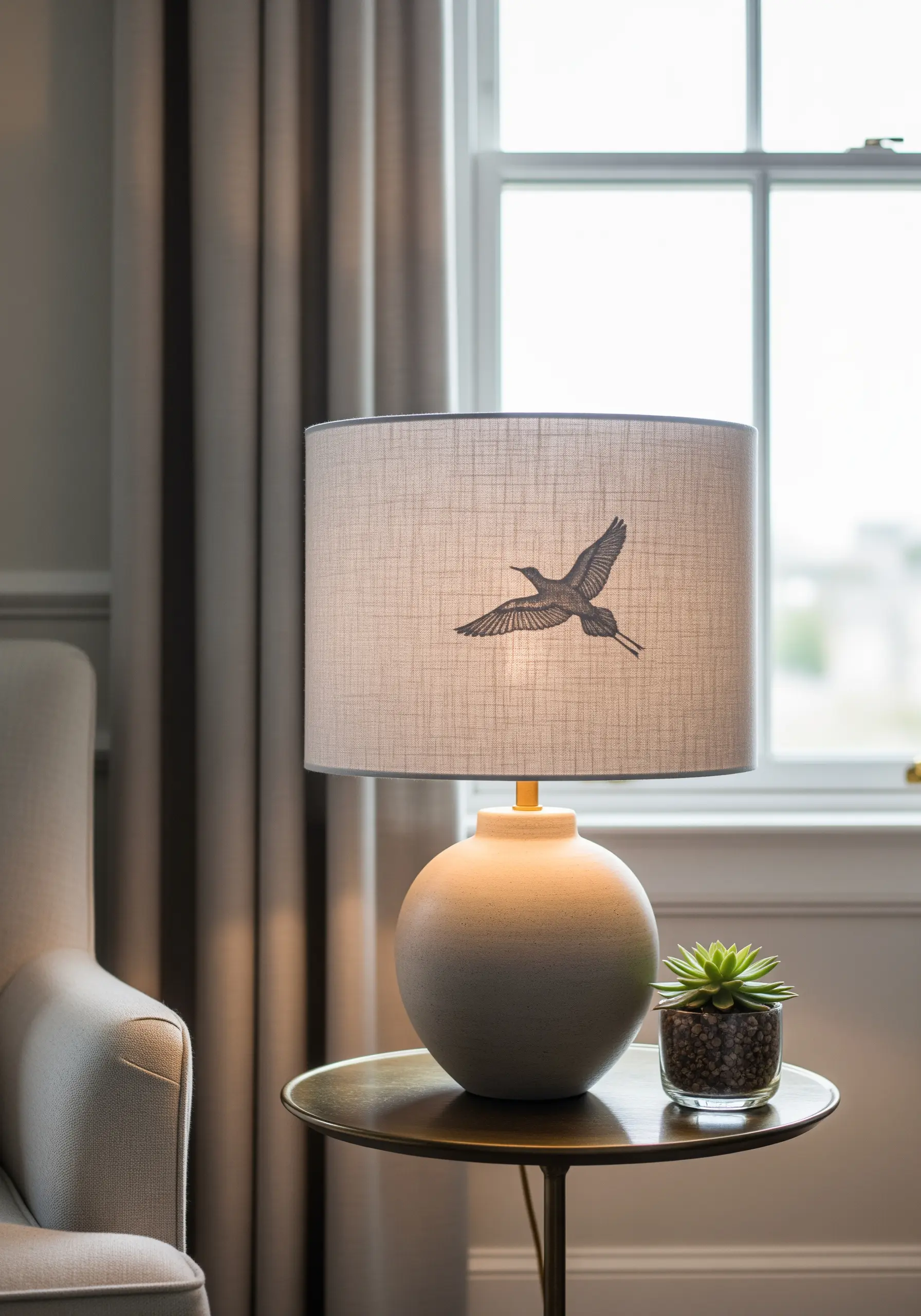 A single bird in flight embroidered in black thread on a neutral linen lampshade.