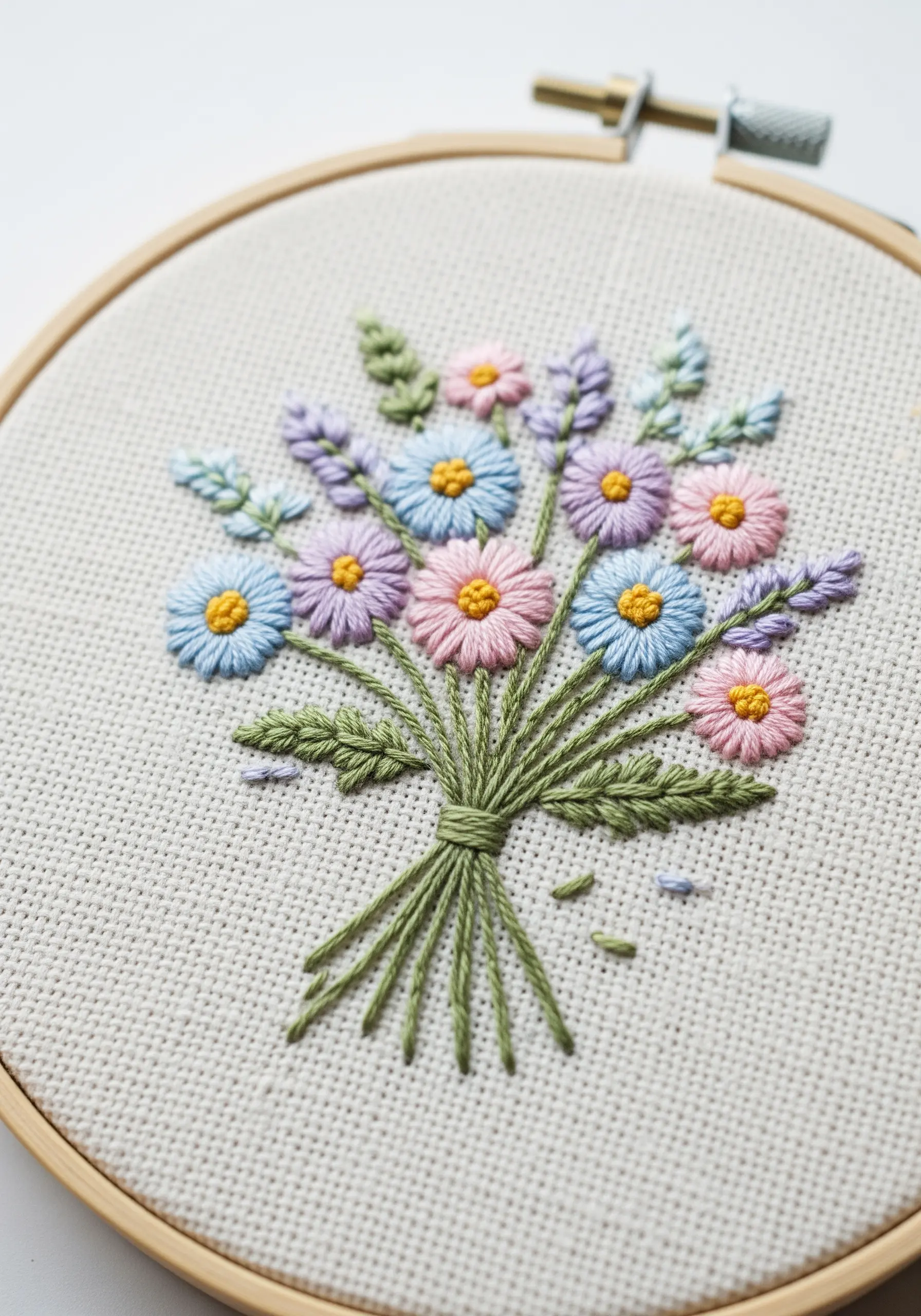 An embroidered bouquet of pastel pink, purple, and blue wildflowers in a wooden hoop.