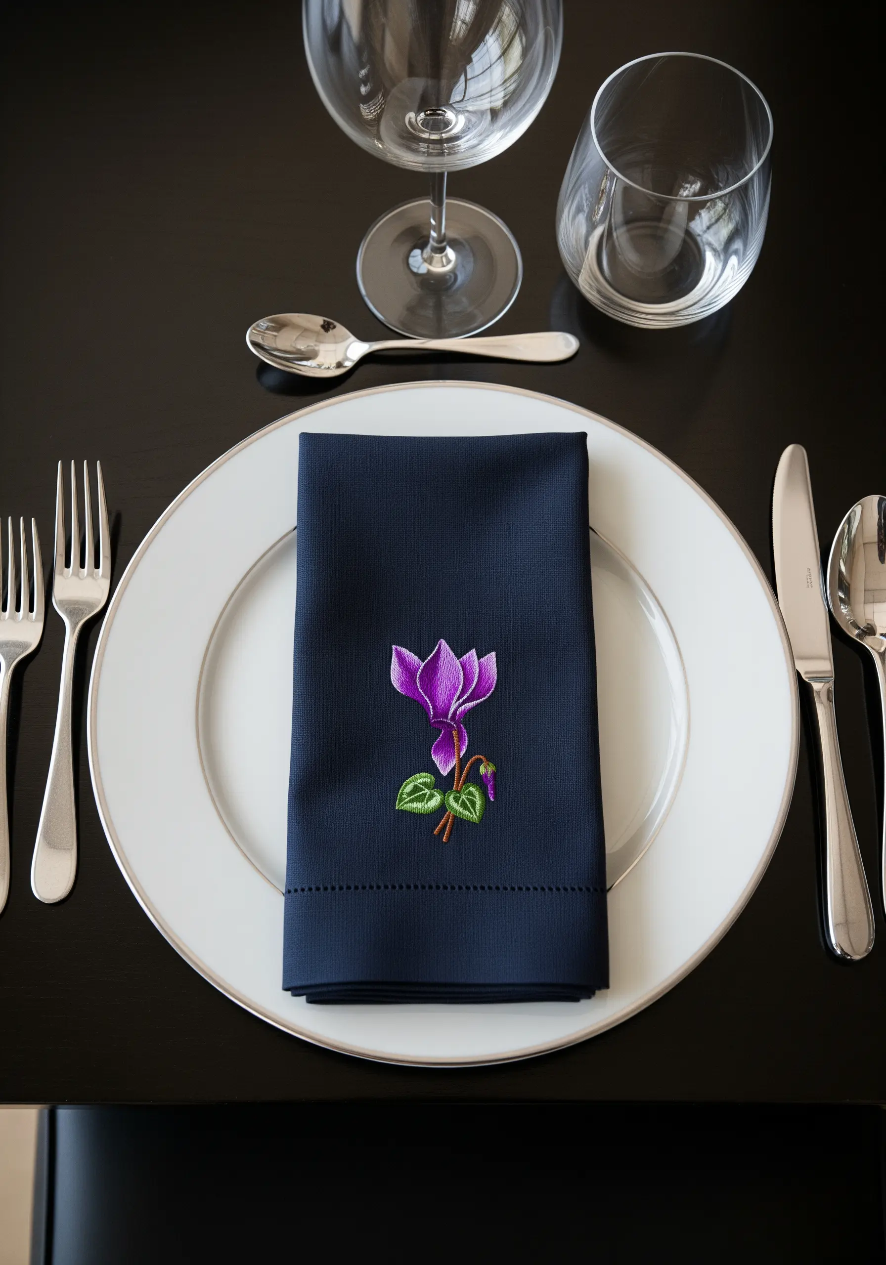 A single embroidered purple cyclamen flower on a folded navy blue dinner napkin.