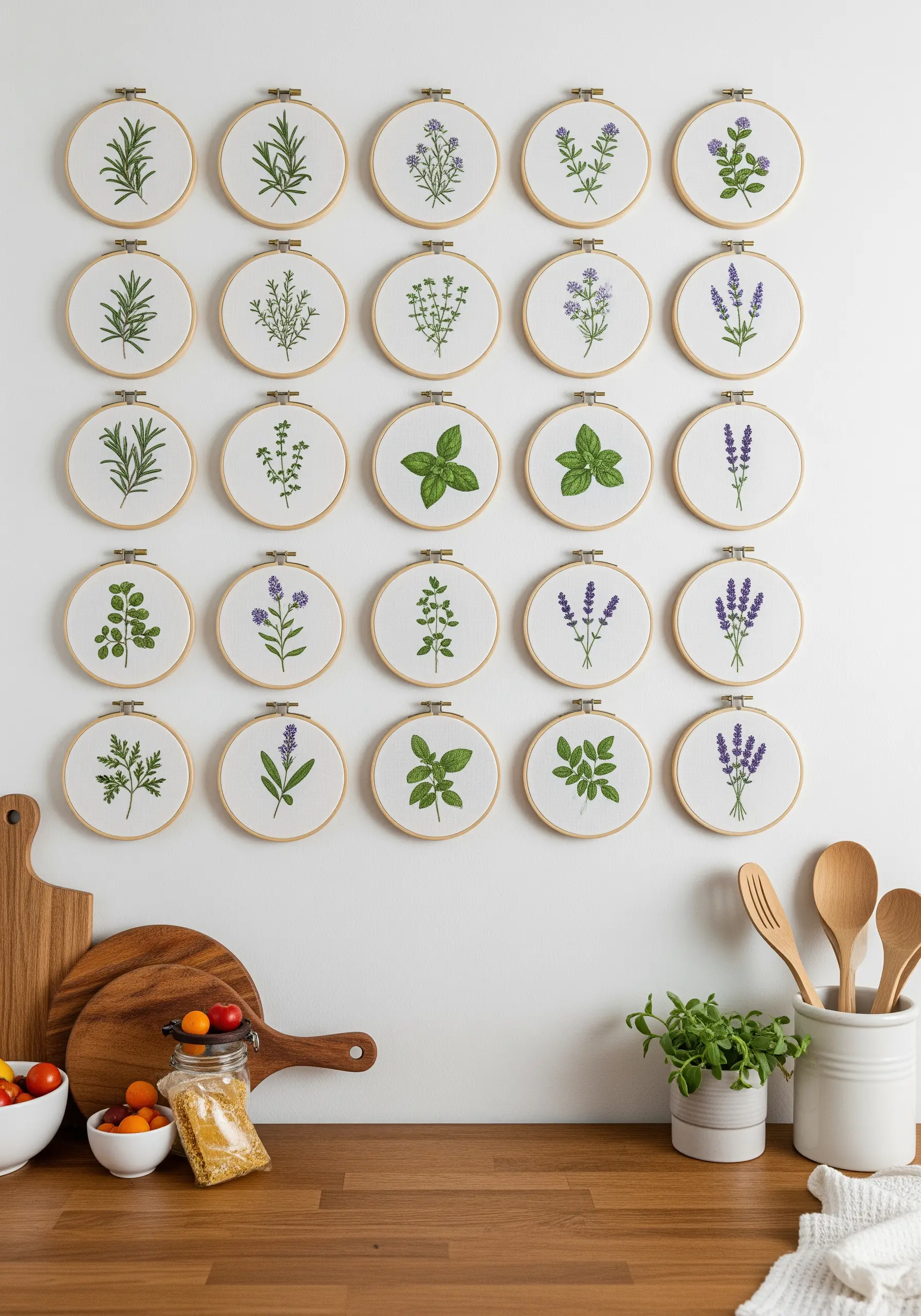 A grid of 25 embroidery hoops on a white wall, each featuring a different culinary herb.