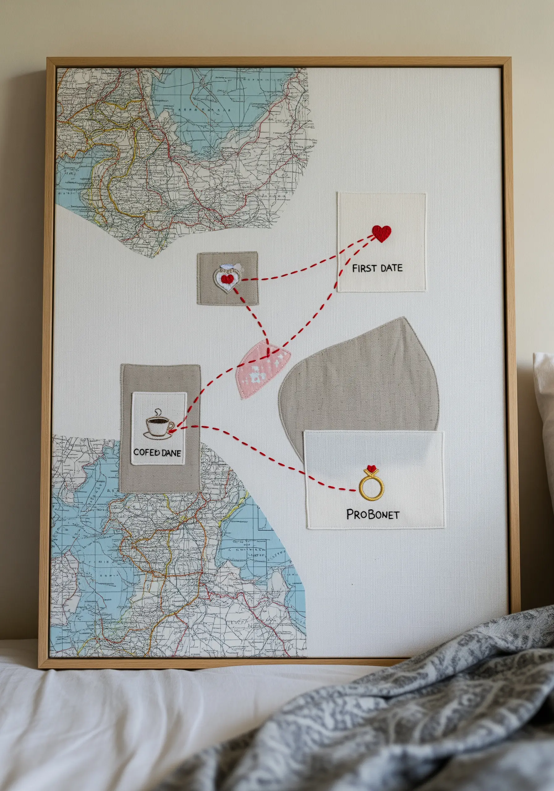 A collage of maps and fabric patches connected by a dashed red embroidered line.