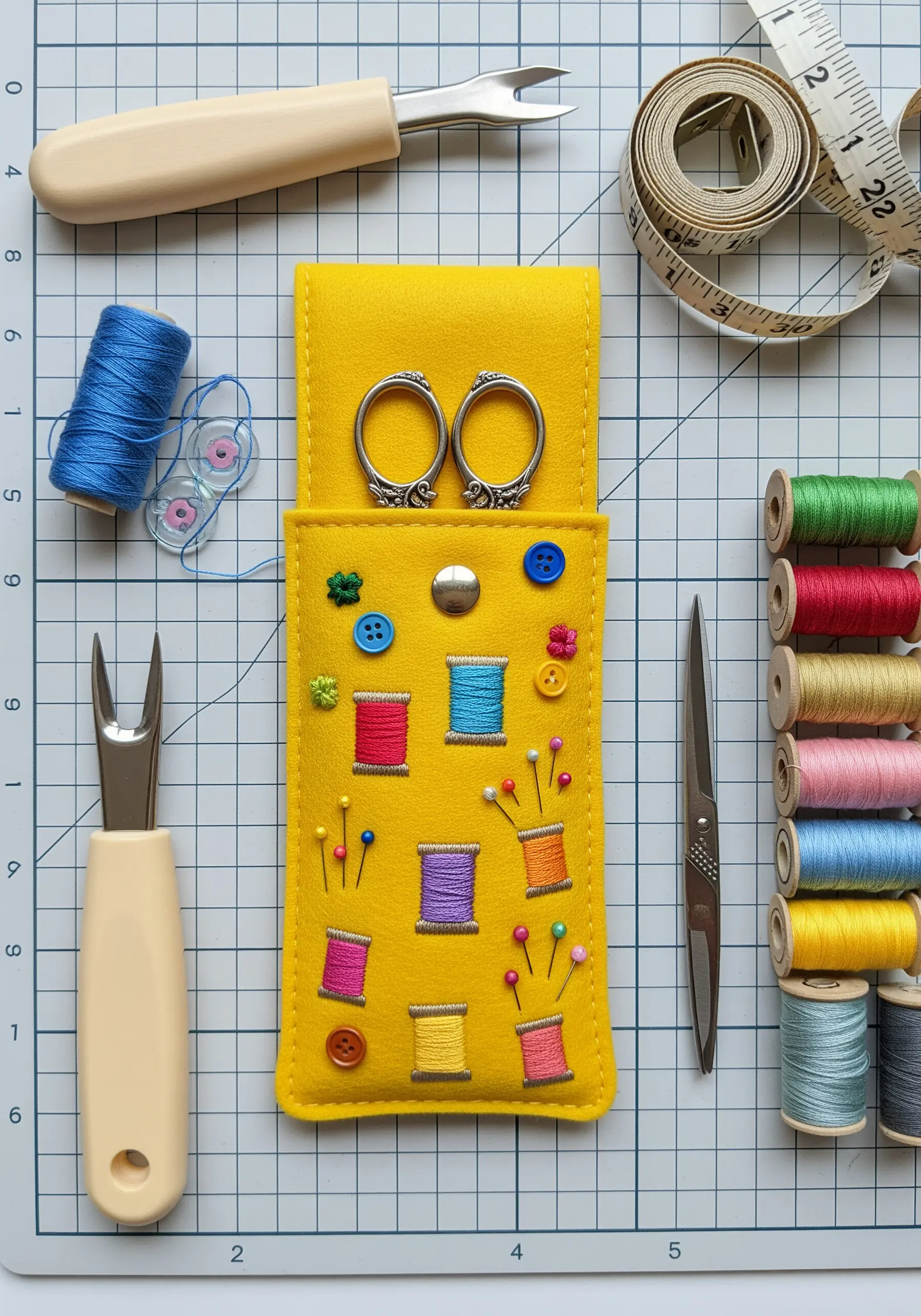 A bright yellow felt pouch embroidered with tiny thread spools, pins, and buttons.