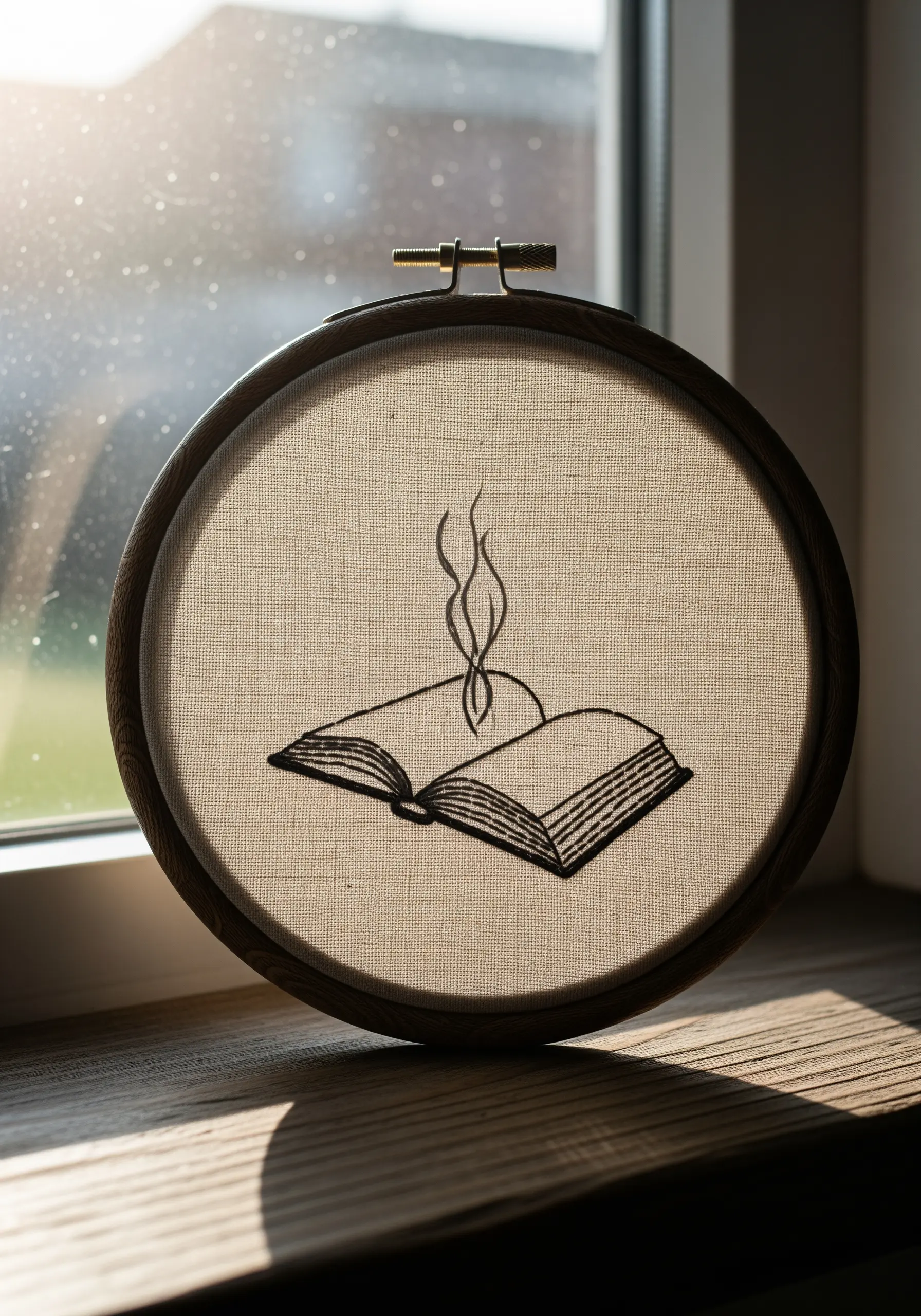 Embroidered open book with delicate lines suggesting text and steam rising.