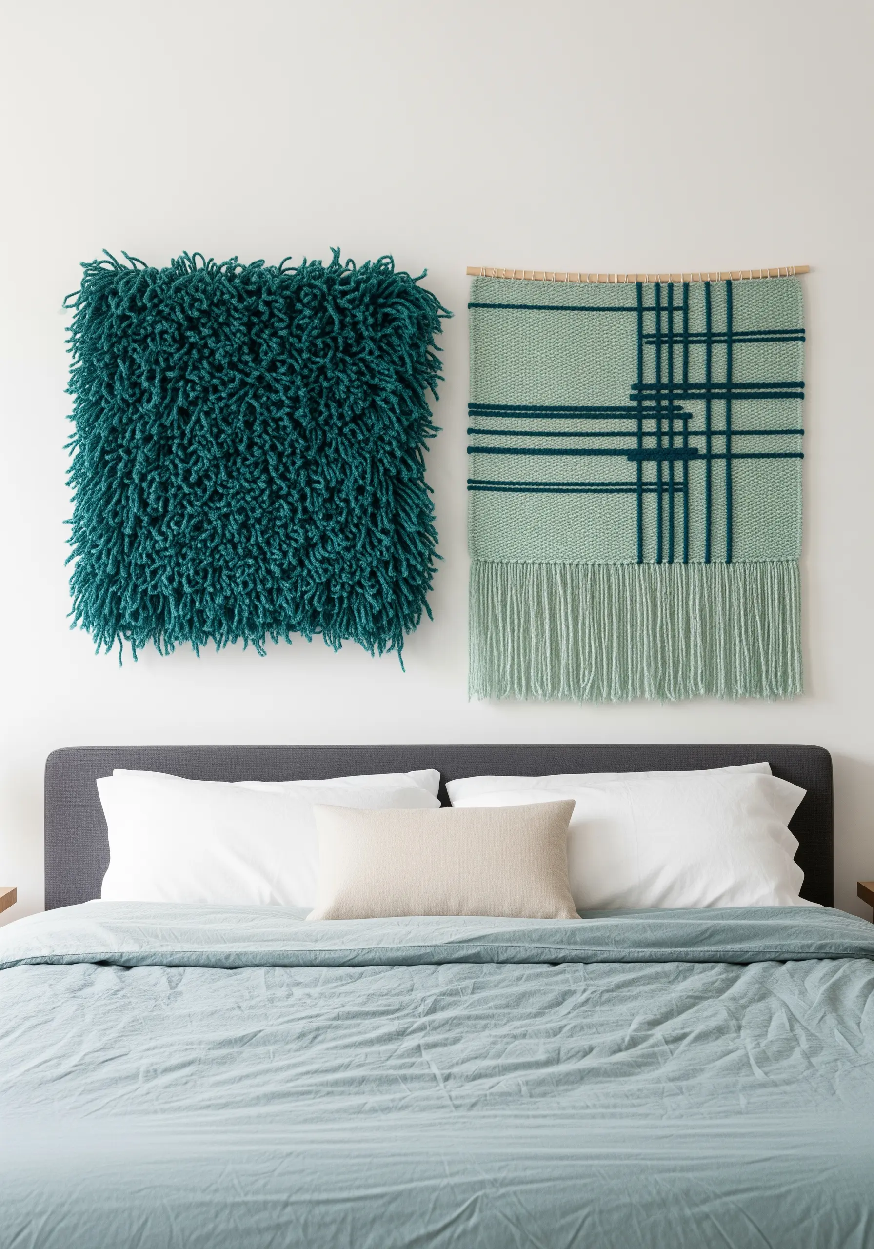 Two square textile pieces in teal hung above a bed: one is shaggy, the other is a flat weave.