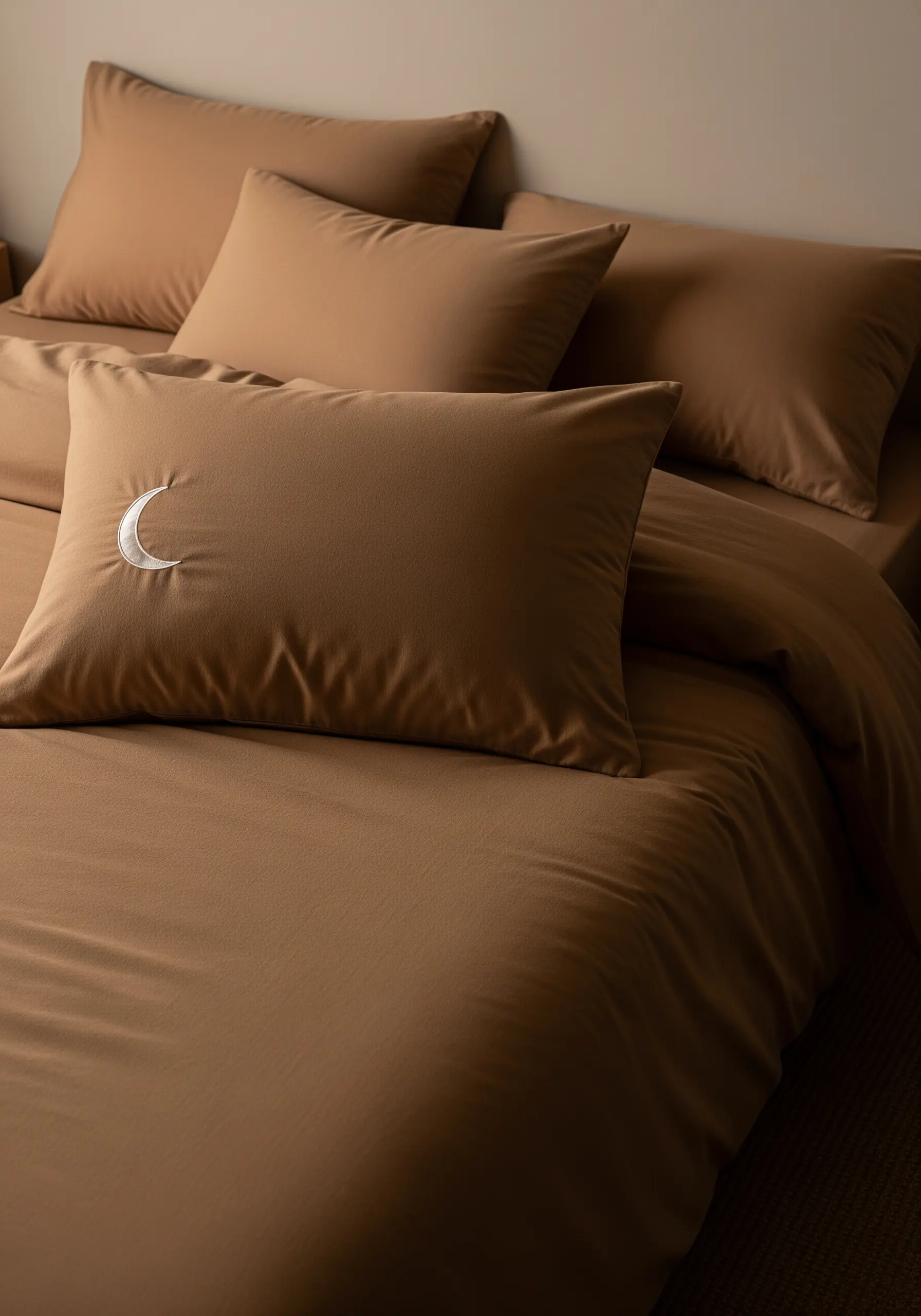 A small, white satin-stitched crescent moon on a caramel-colored pillowcase.