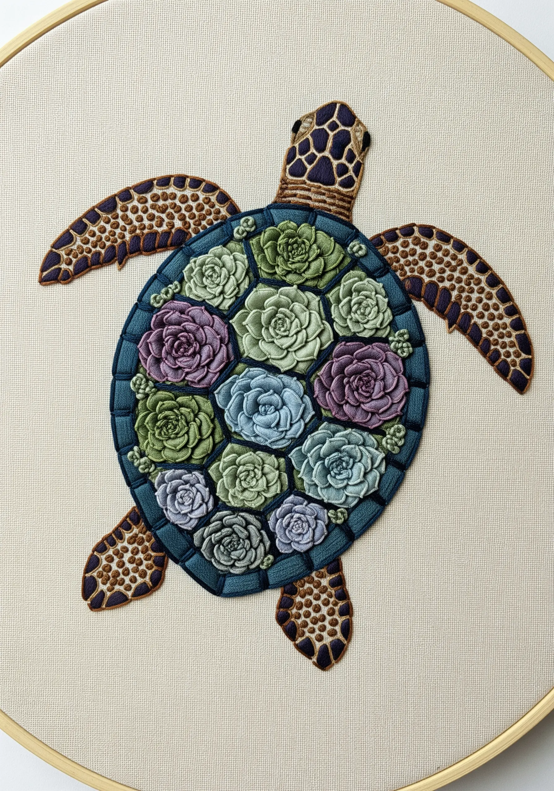 An embroidered turtle with its shell designed as a colorful arrangement of succulent flowers.