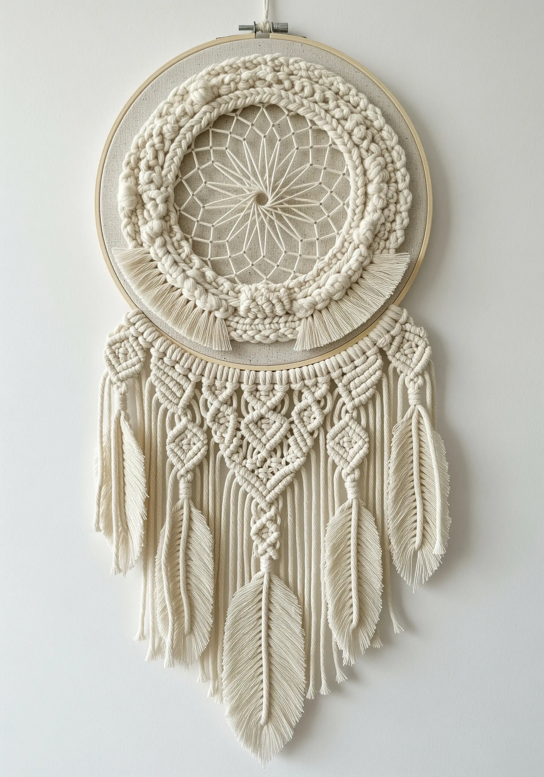 Monochrome macrame dreamcatcher with woven textures and knotted cord feathers.