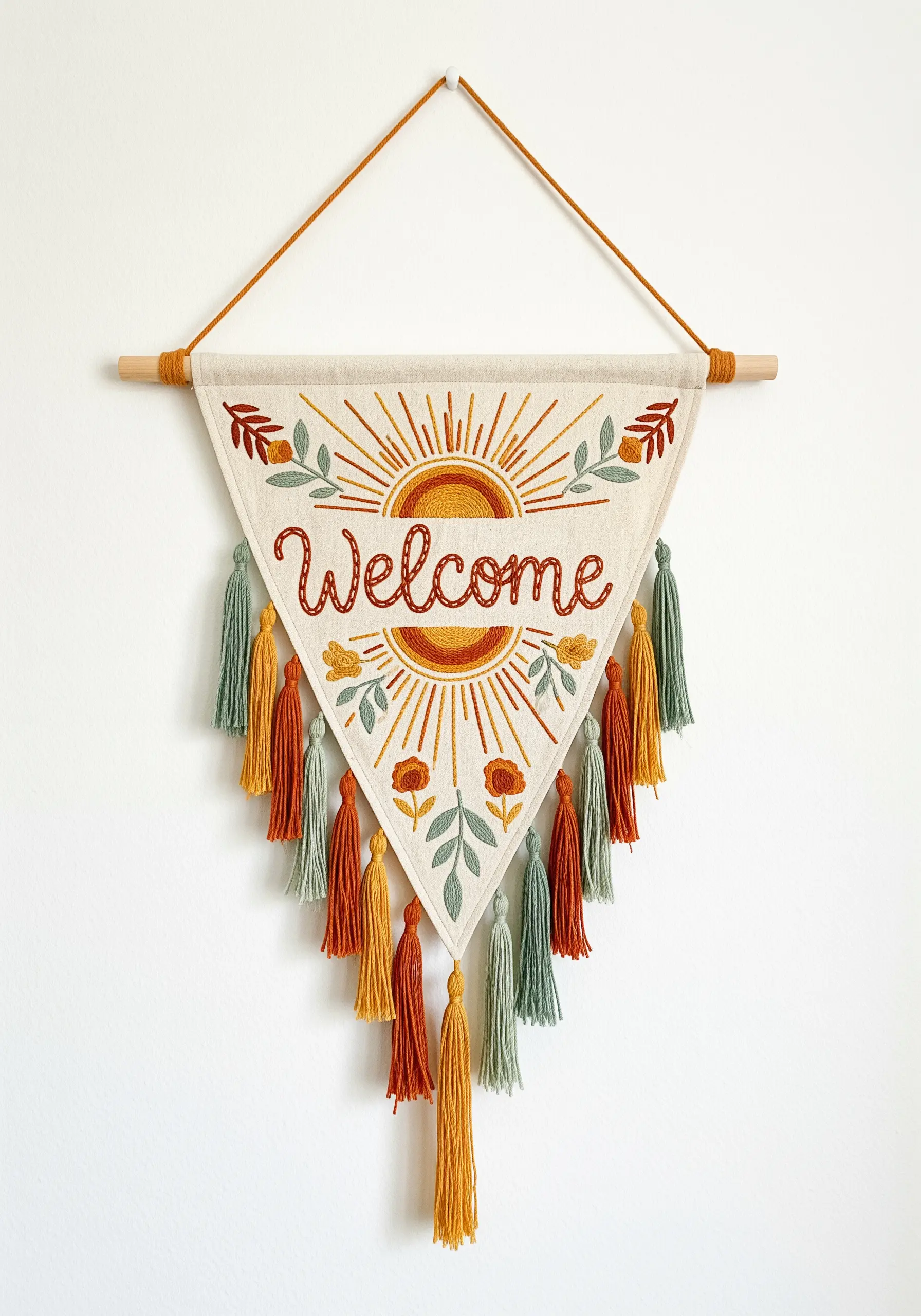 A triangular canvas banner with 'Welcome' embroidered, a sun motif, and colorful yarn tassels.