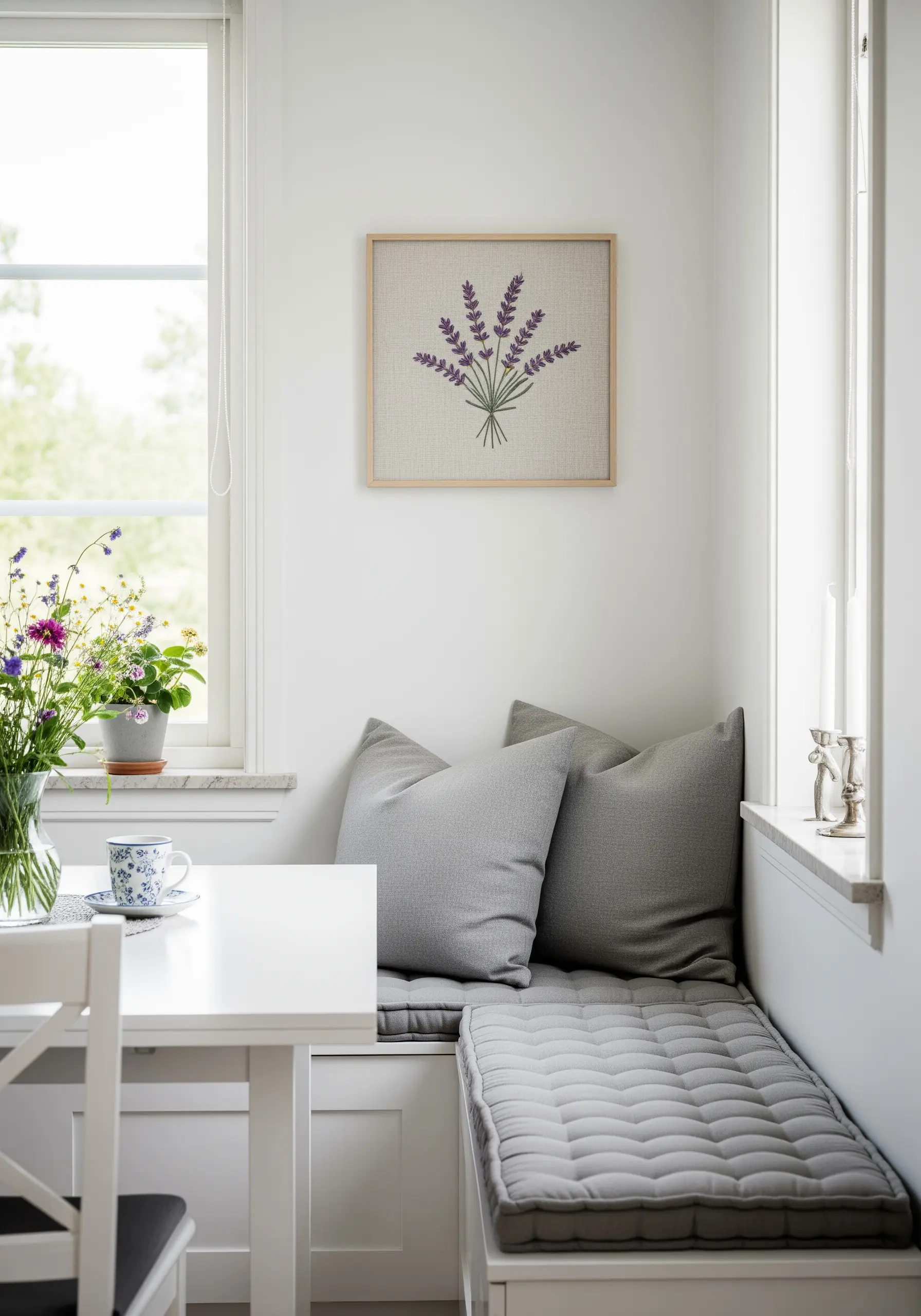A framed embroidery of a lavender bouquet with purple flowers and green stems.
