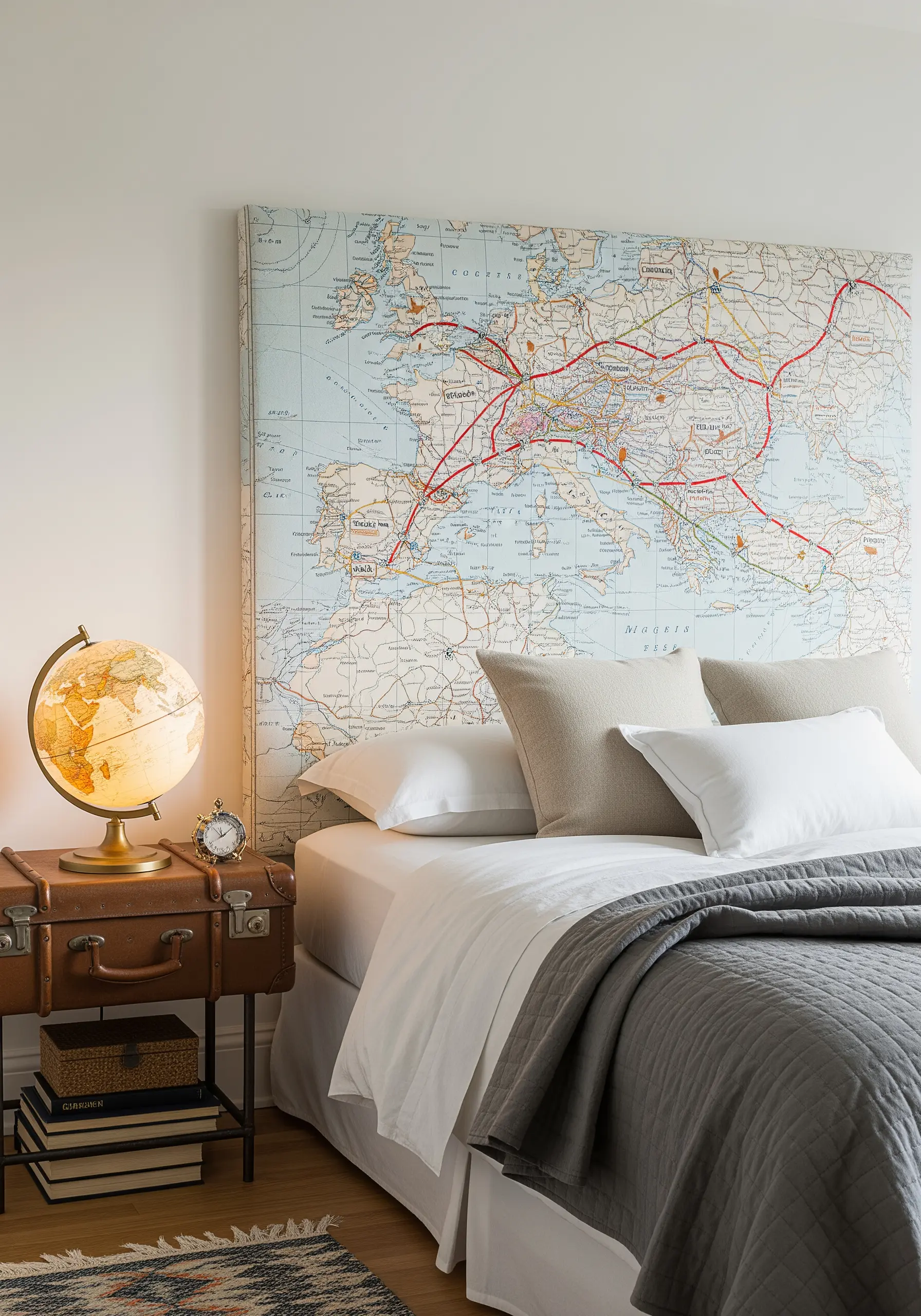 A fabric map of Europe used as a headboard with red stitched lines marking travel routes.