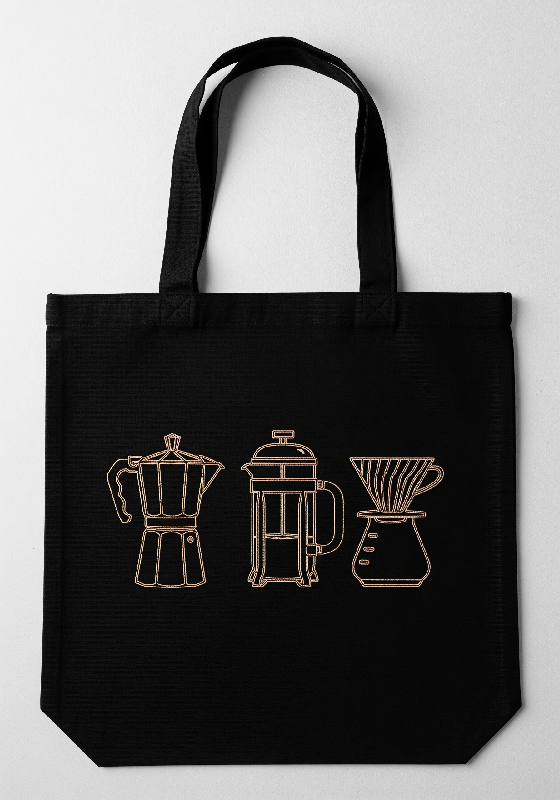 Minimalist outlines of a Moka pot, French press, and pour-over brewer on a black tote.