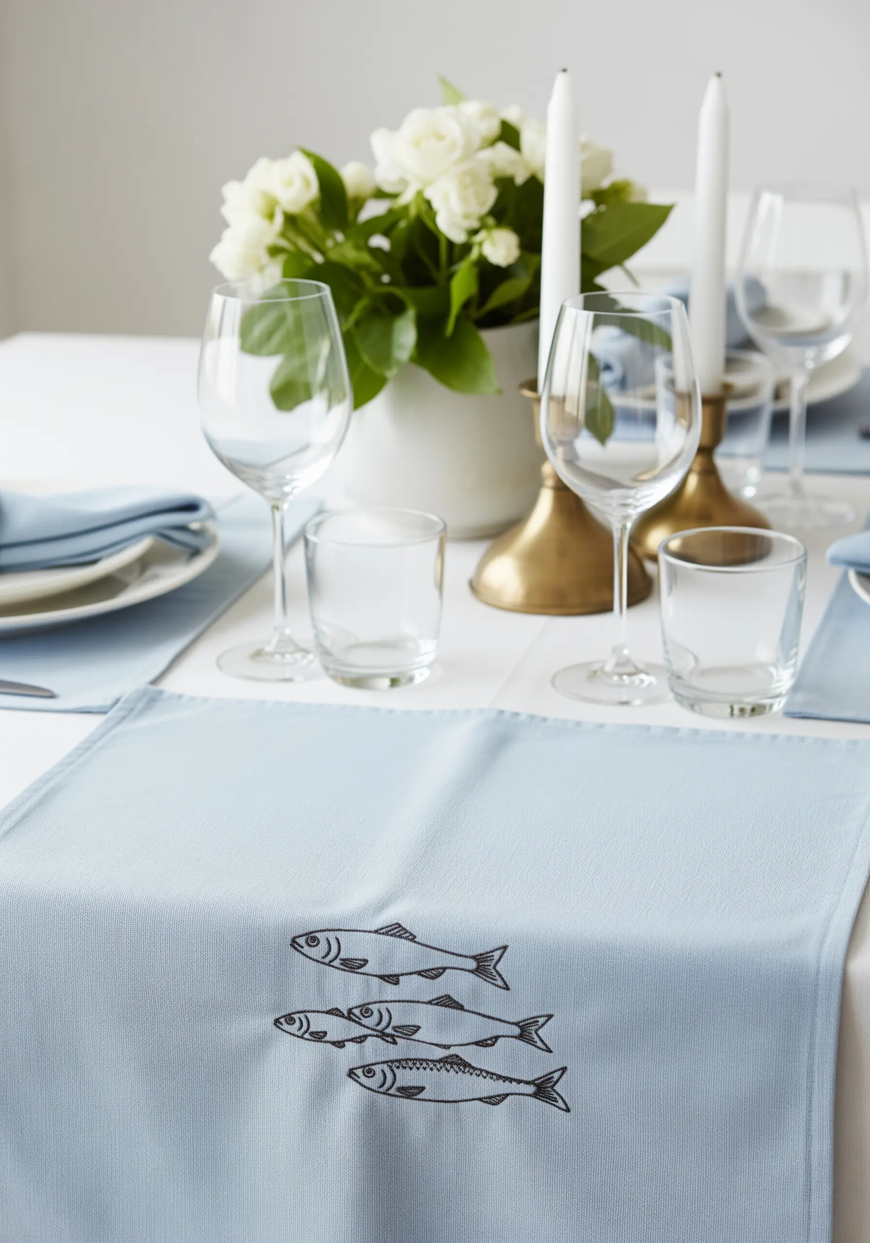 Three fish embroidered in black outline stitch on a light blue placemat.