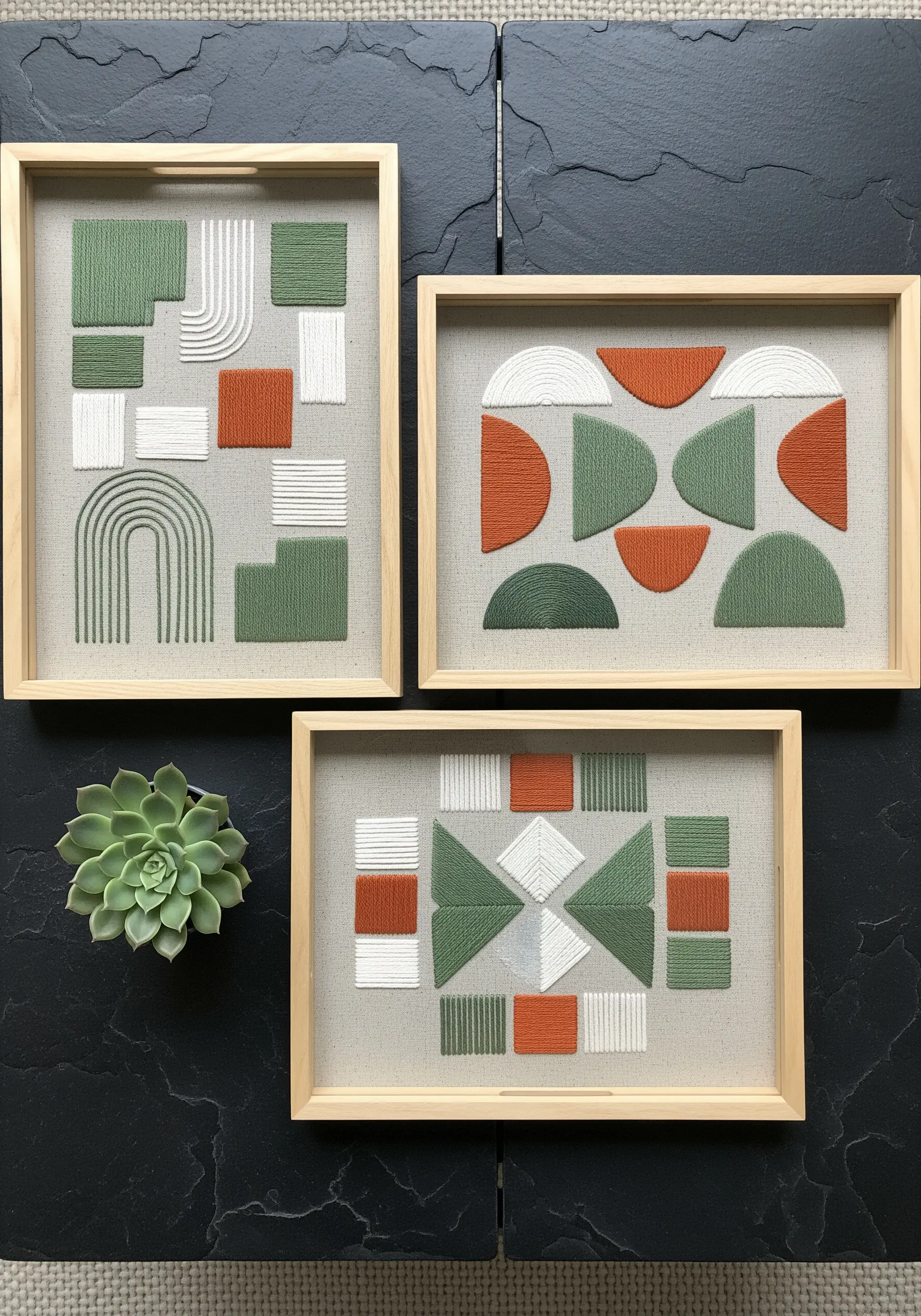 Three framed embroidery pieces with abstract geometric shapes in green, orange, and white.