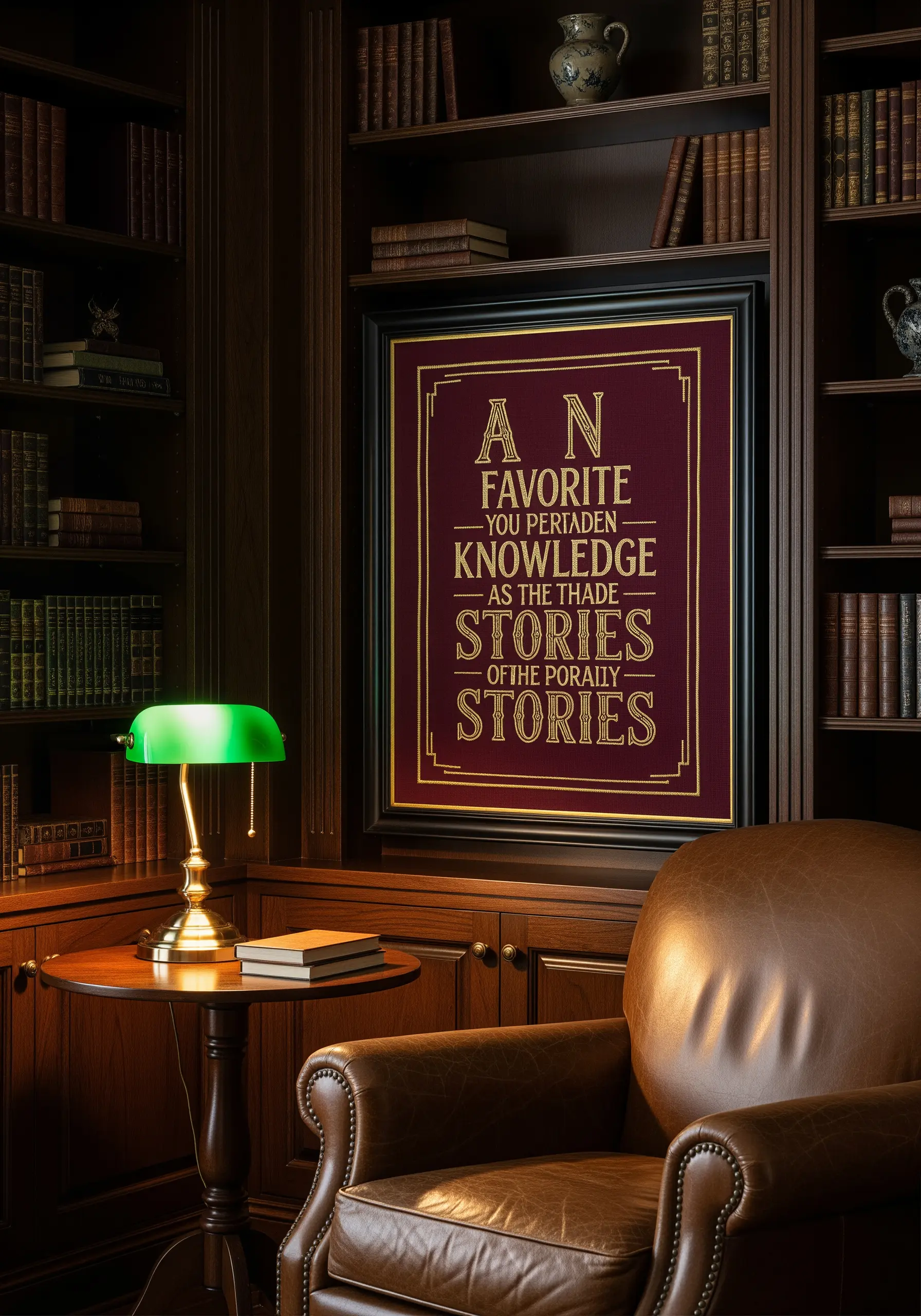 A framed embroidery quote with multiple fonts in gold thread on a deep red background.