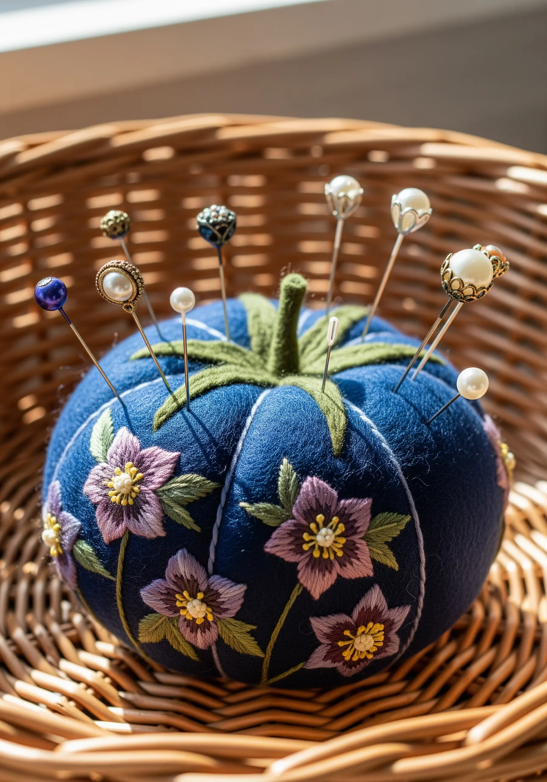 A blue velvet pumpkin-shaped pincushion decorated with embroidered hellebore flowers.