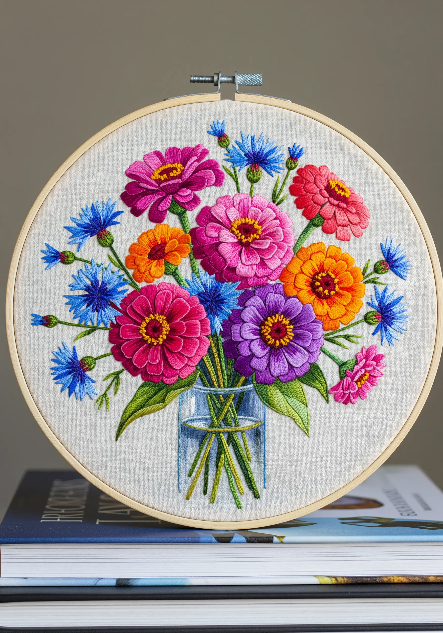A vibrant bouquet of embroidered zinnias and cornflowers in a clear glass vase.