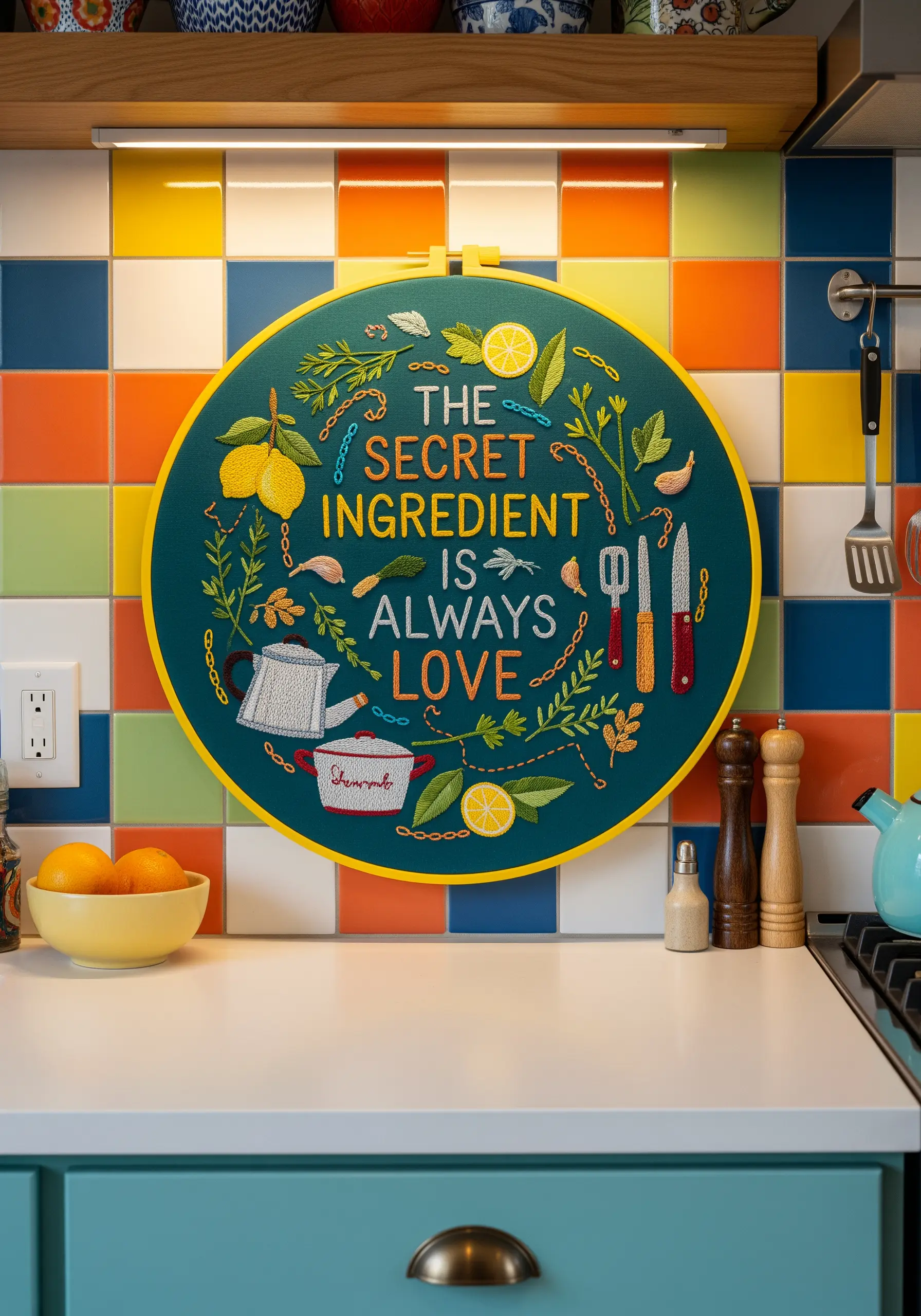 A colorful kitchen-themed embroidery hoop with a quote and various food motifs.