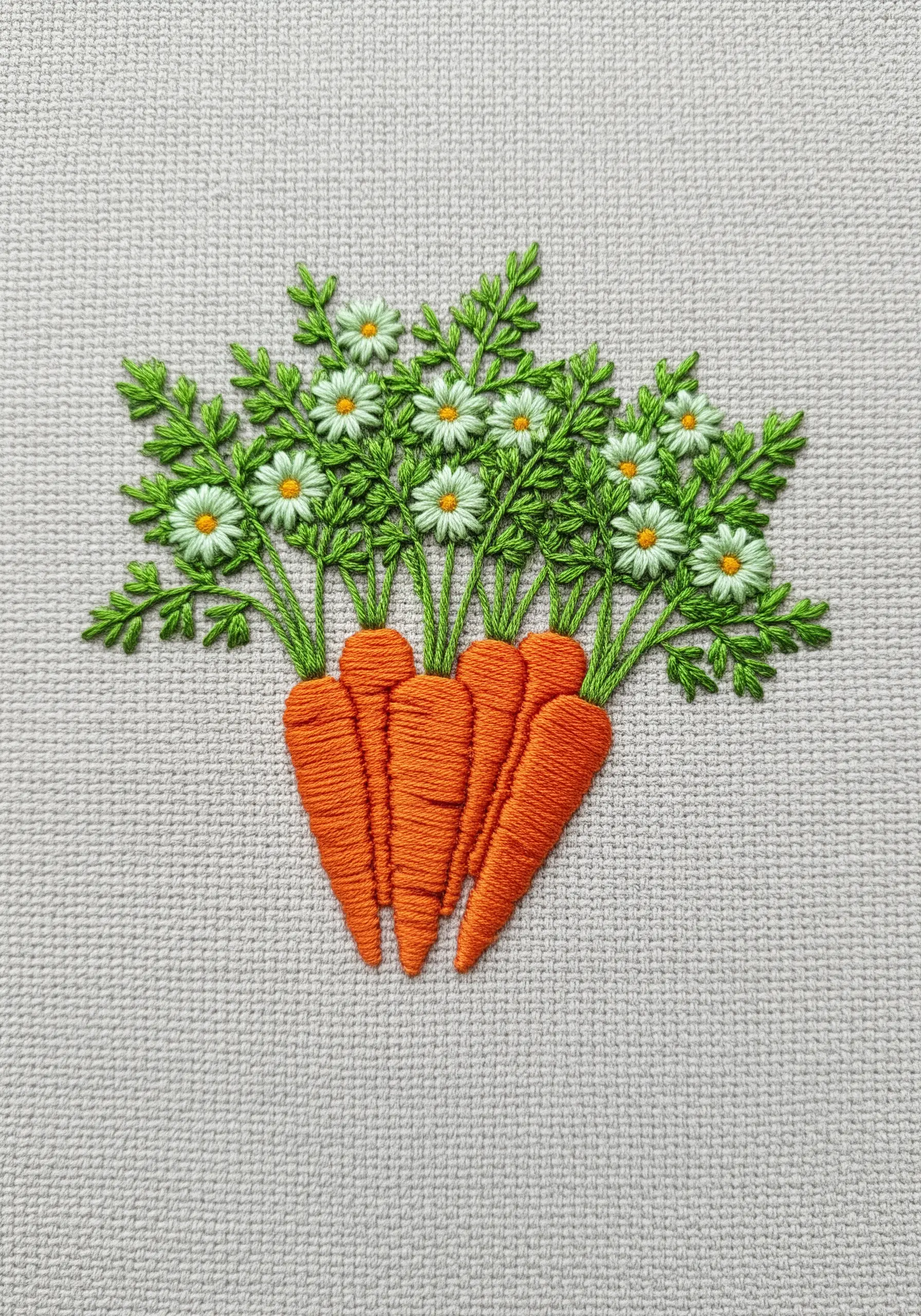 An embroidered bouquet of carrots with daisies blooming from their green tops.