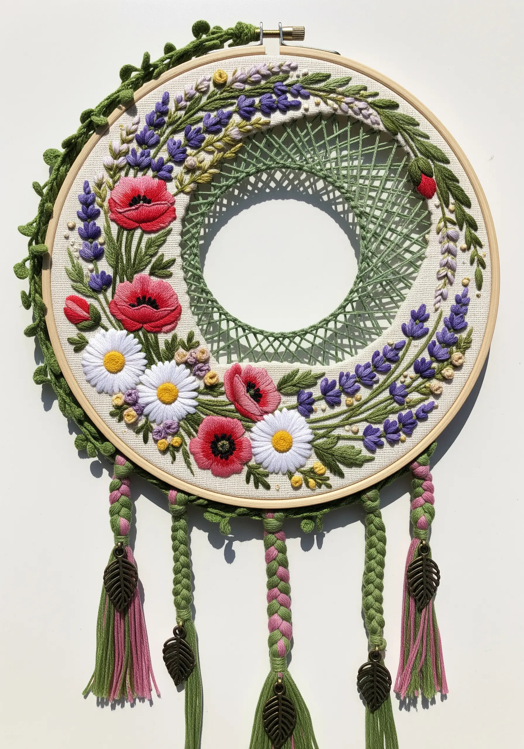 A floral embroidery wreath of poppies and lavender with a green string art center.