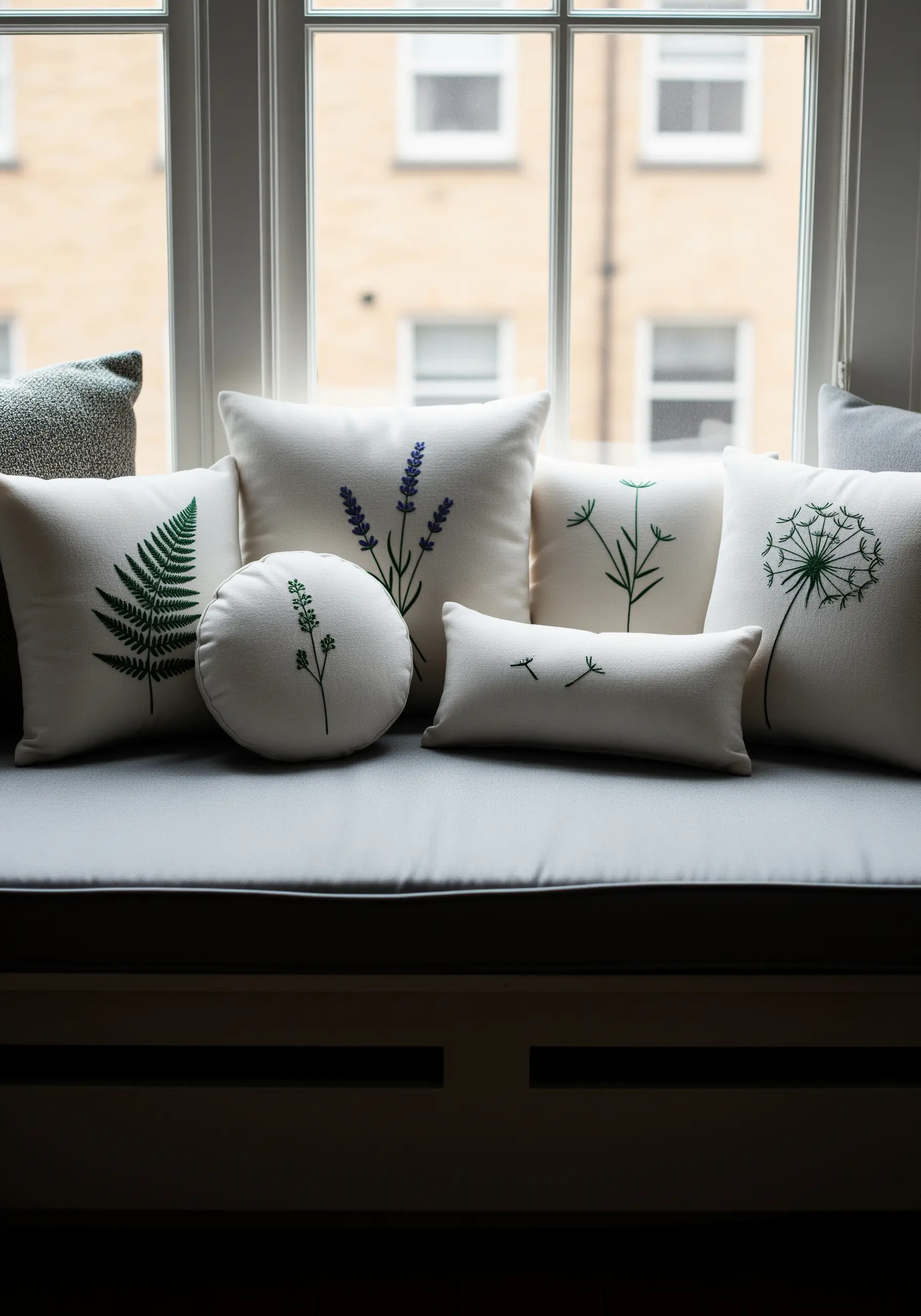 A collection of small cushions on a windowsill, each with a different minimalist botanical embroidery.