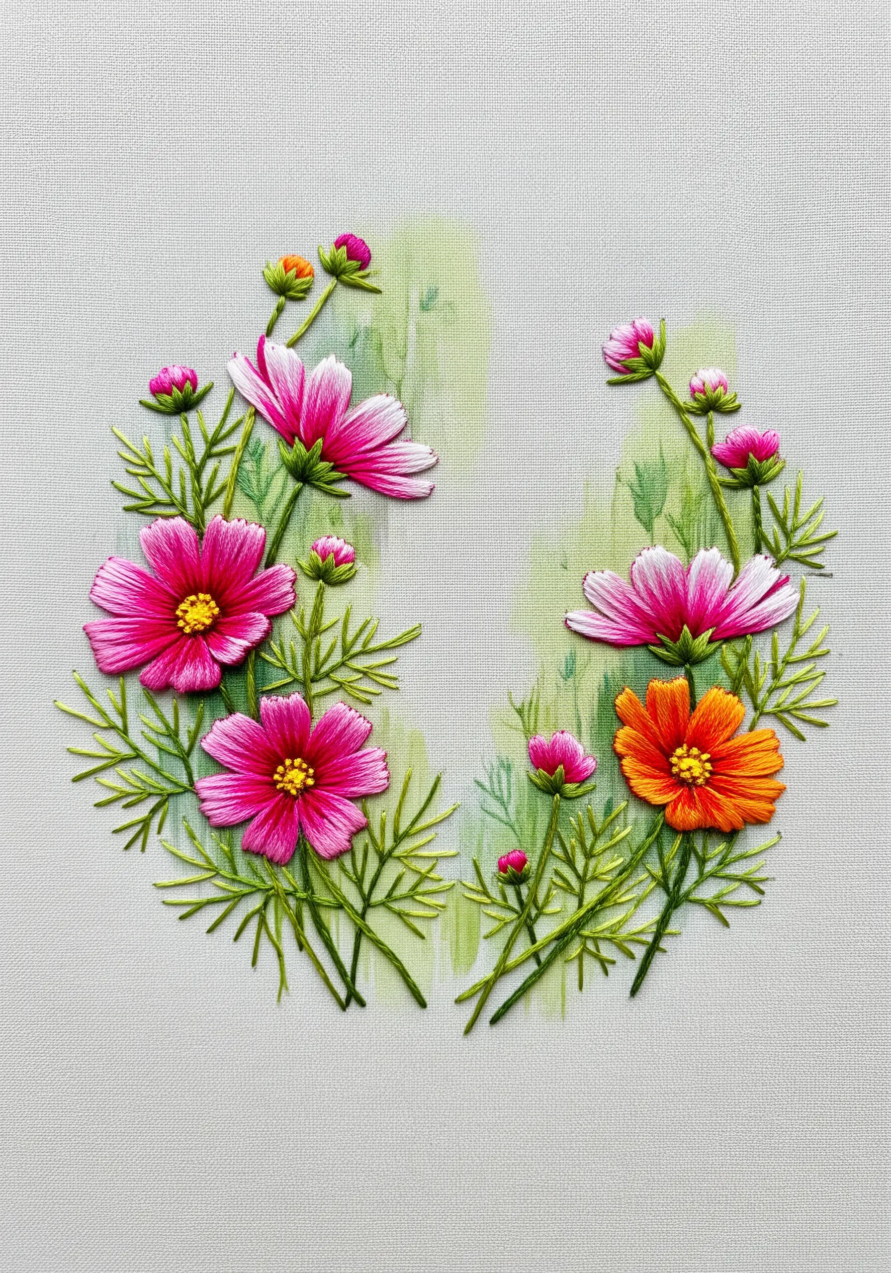 Open wreath of pink and orange cosmos embroidery with a soft green watercolor wash.