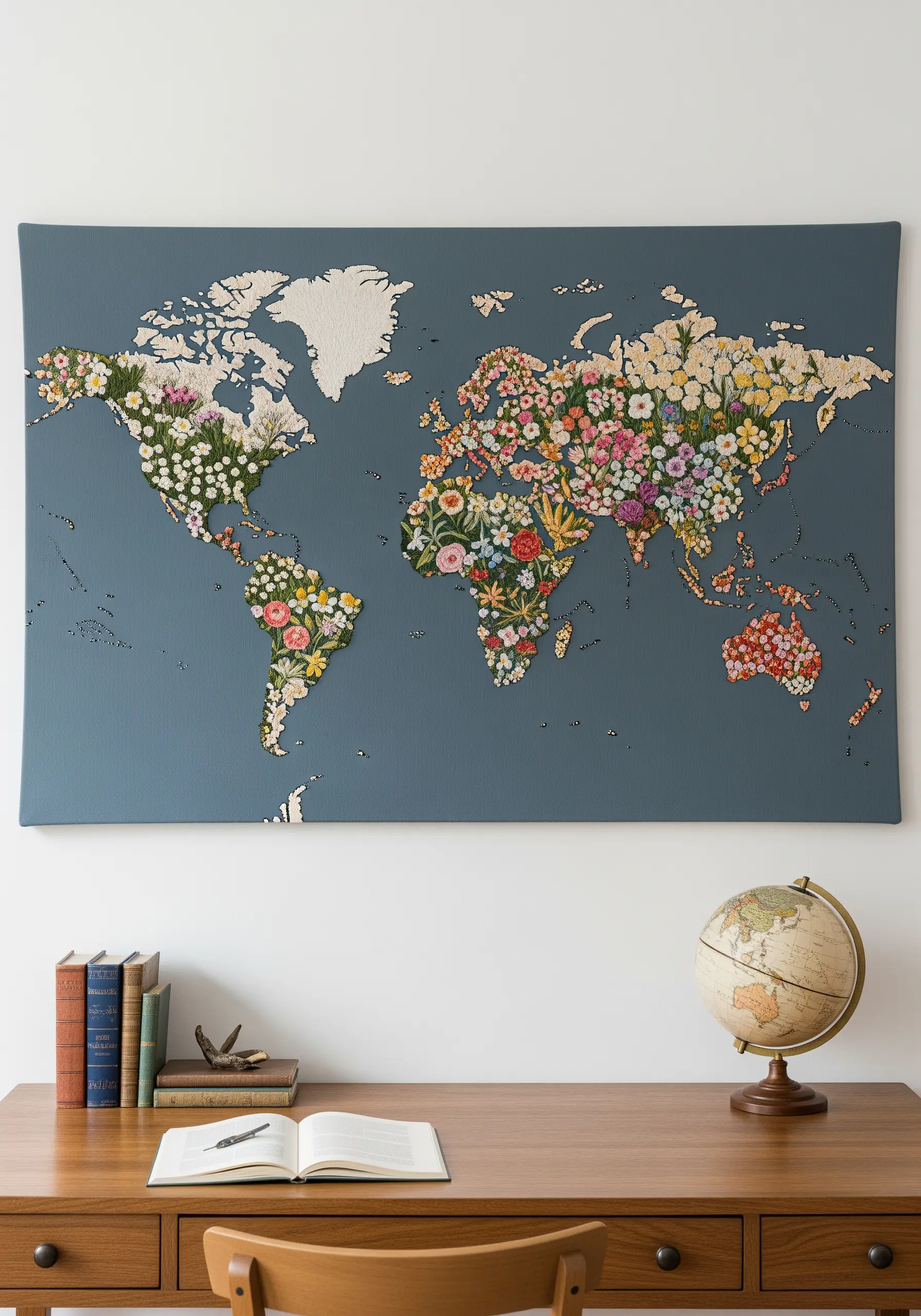 A world map embroidery where the continents are filled with colorful, dense floral patterns.