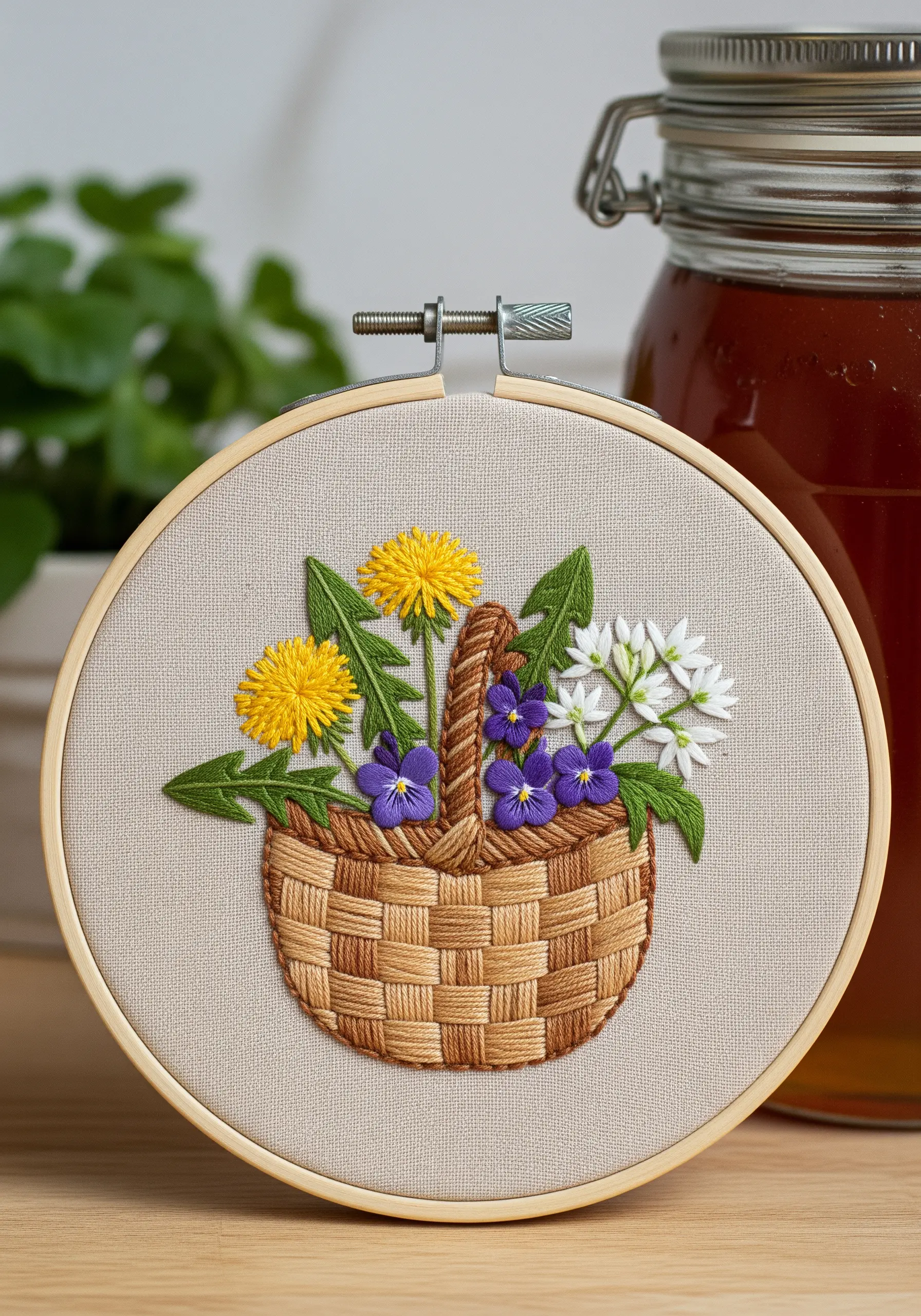 Embroidered basket of wildflowers with a realistic woven texture stitch for the basket.