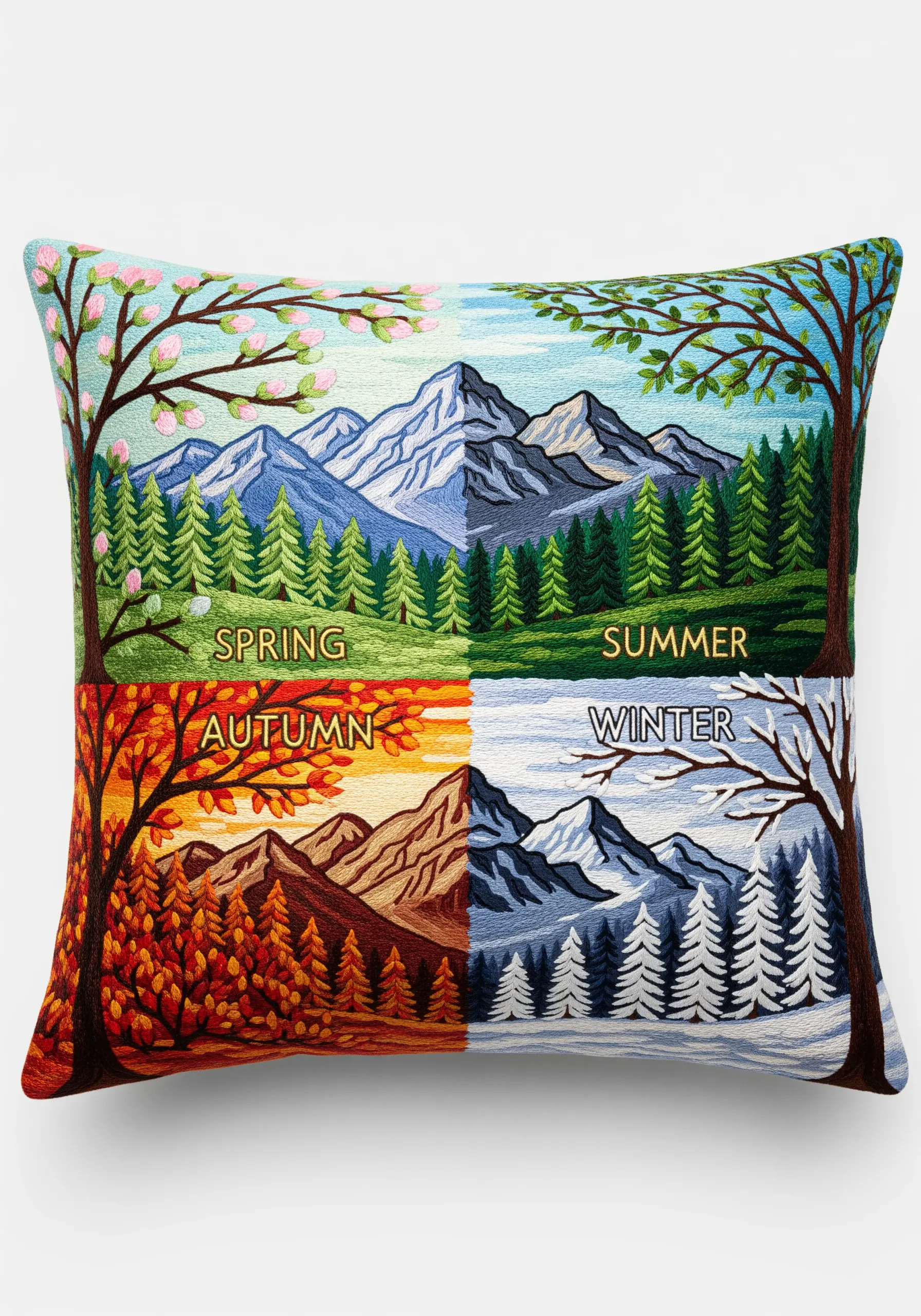 A pillow divided into four quadrants, each showing the same mountain landscape in a different season.