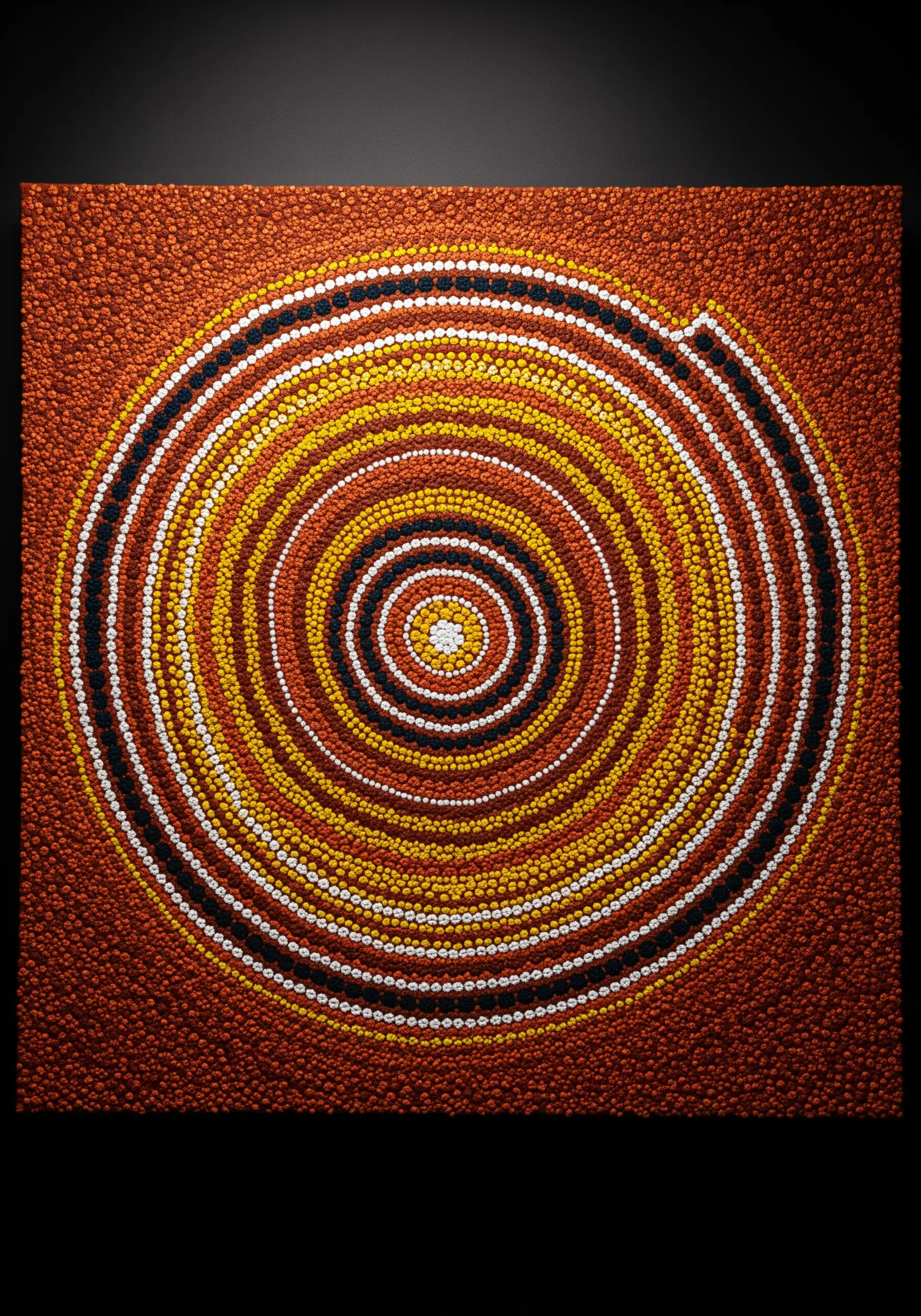 Embroidery mimicking Aboriginal dot art with concentric circles in earthy tones.
