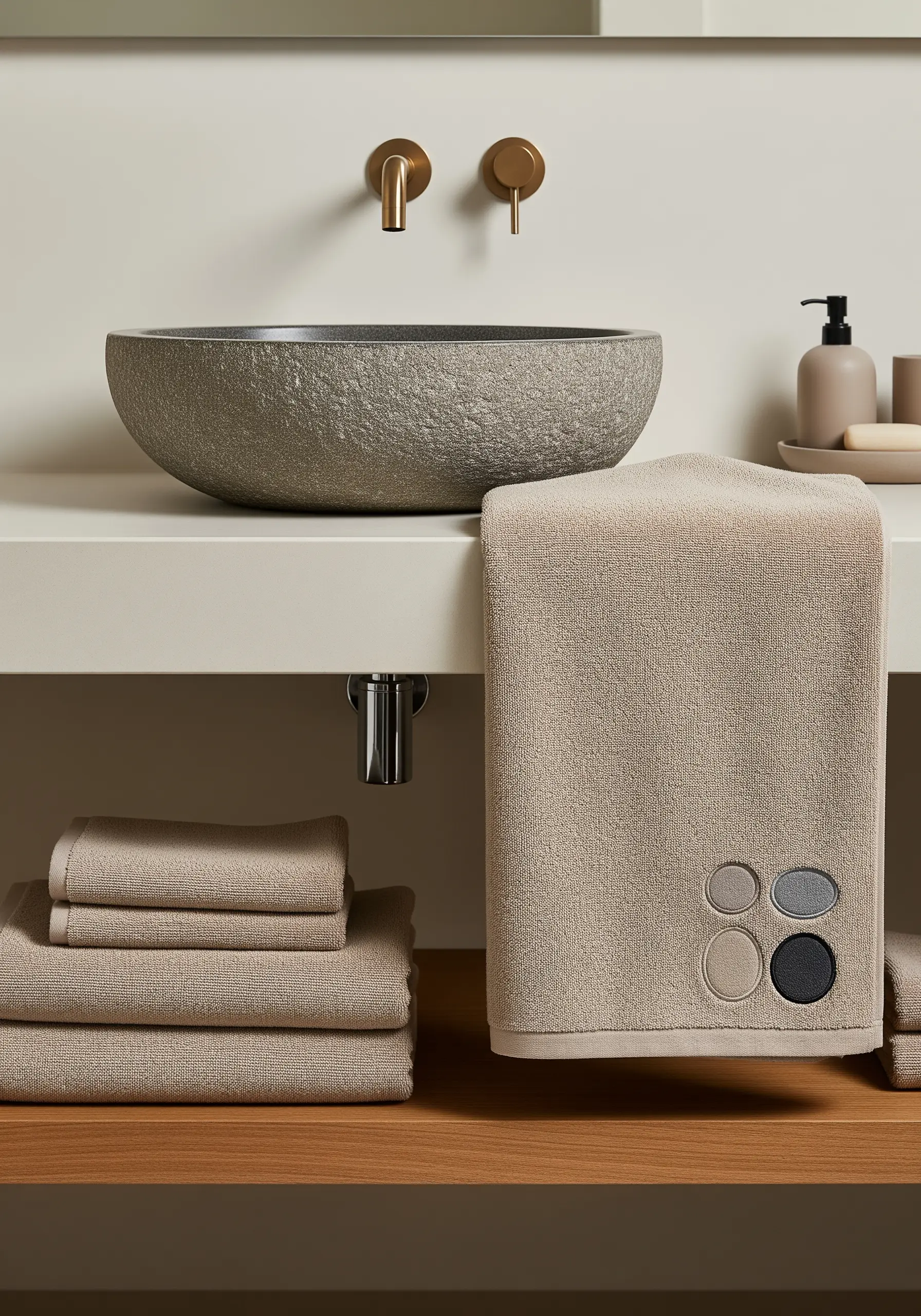 Abstract circle and oval appliqué with satin stitch borders on a beige towel.