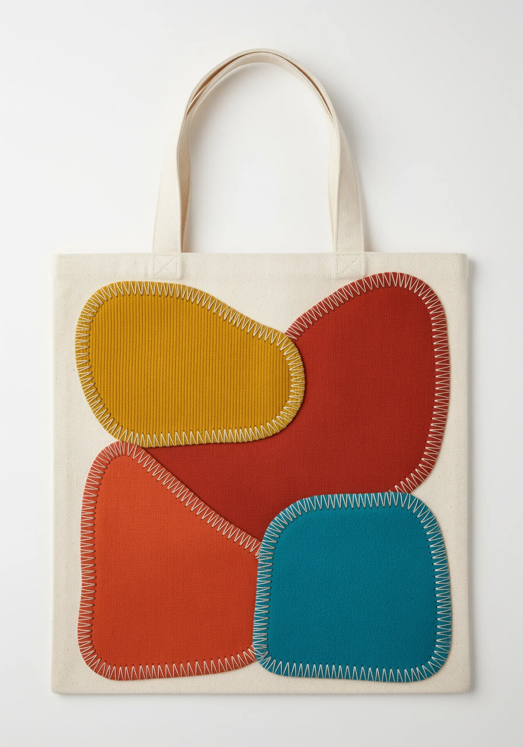 Abstract organic shapes in bold colors appliquéd onto a canvas tote with visible stitching.