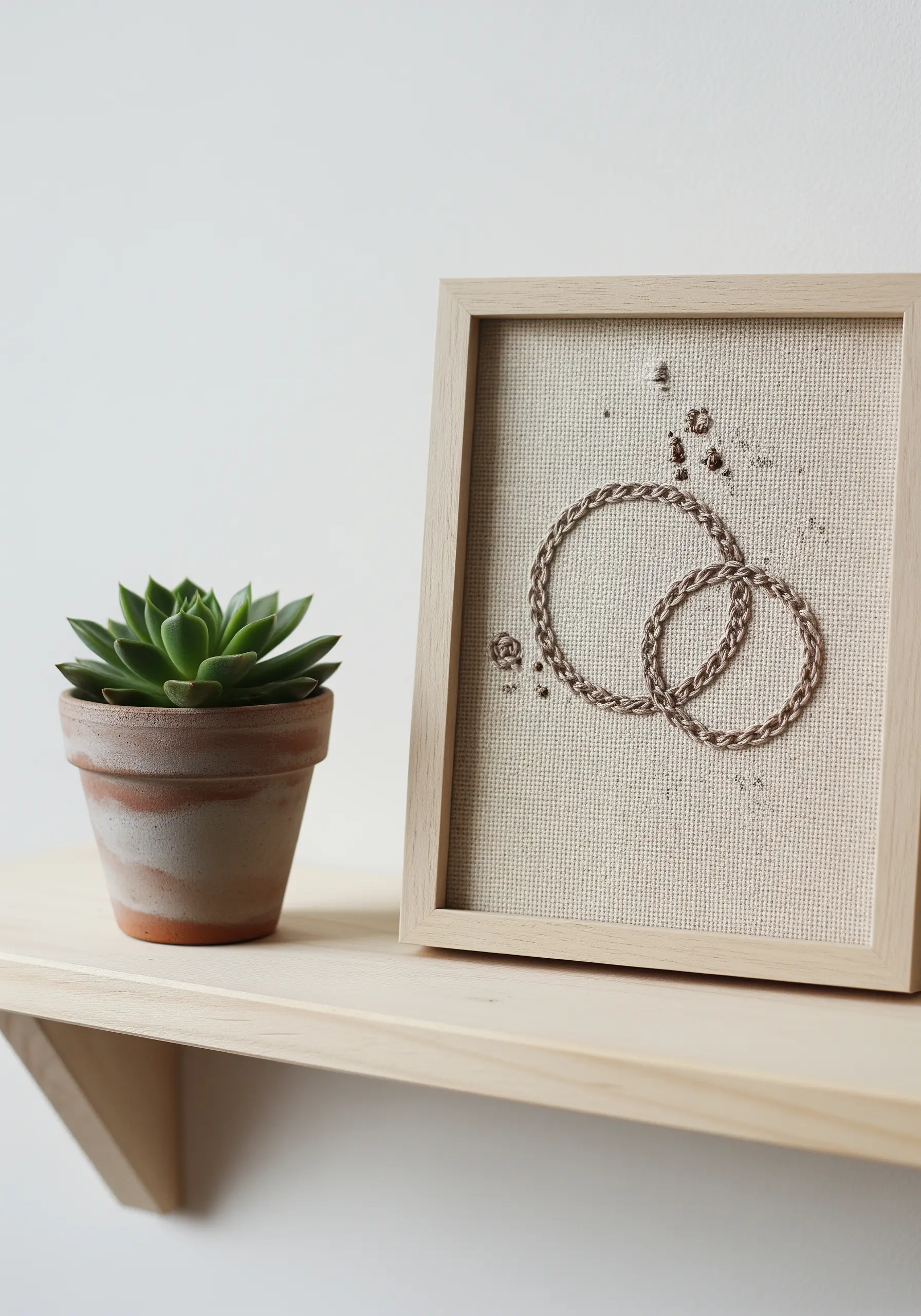 Framed embroidery of two intersecting coffee rings with small splatter details.