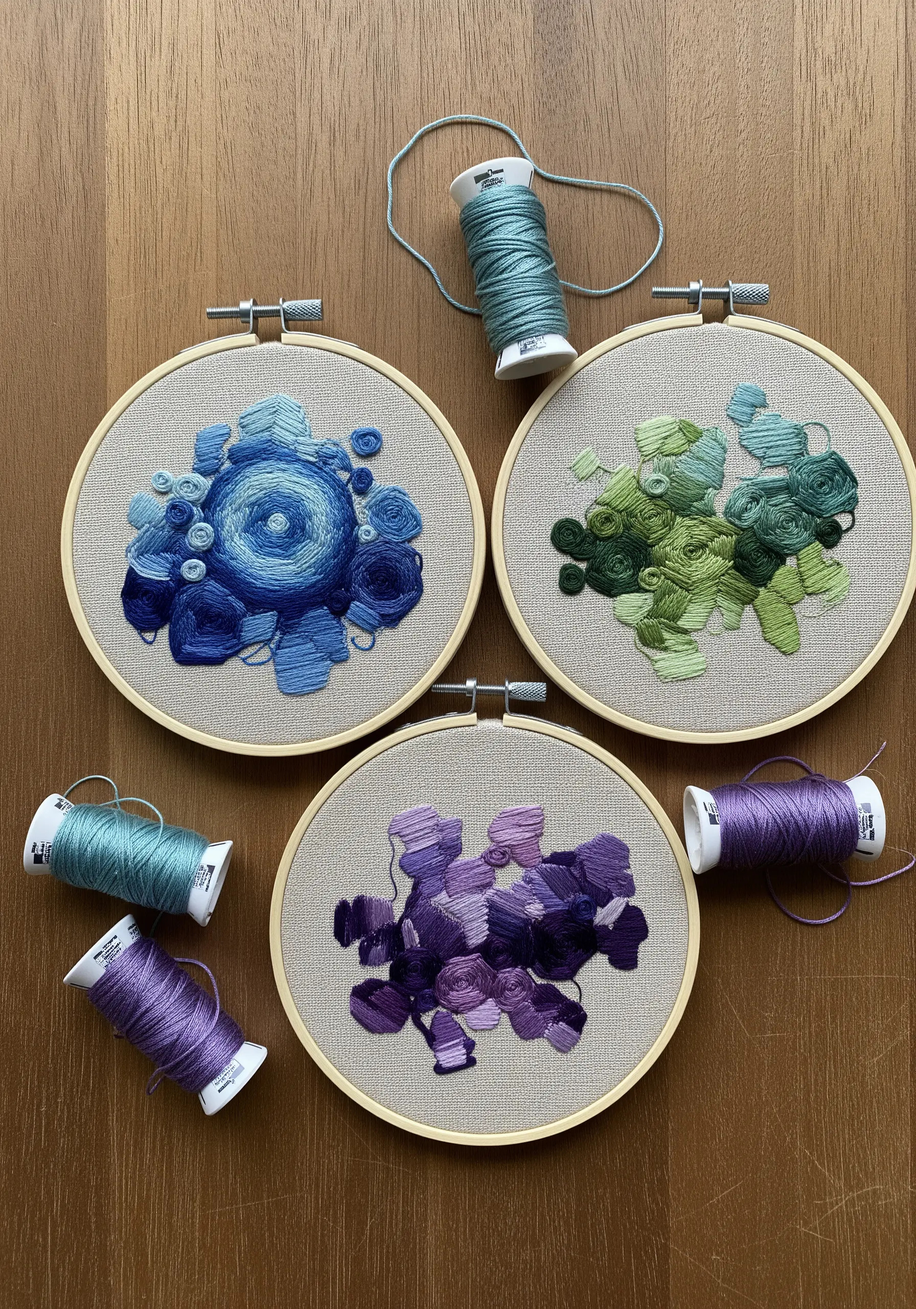 Three embroidery hoops showcasing textured color studies in blue, green, and purple.