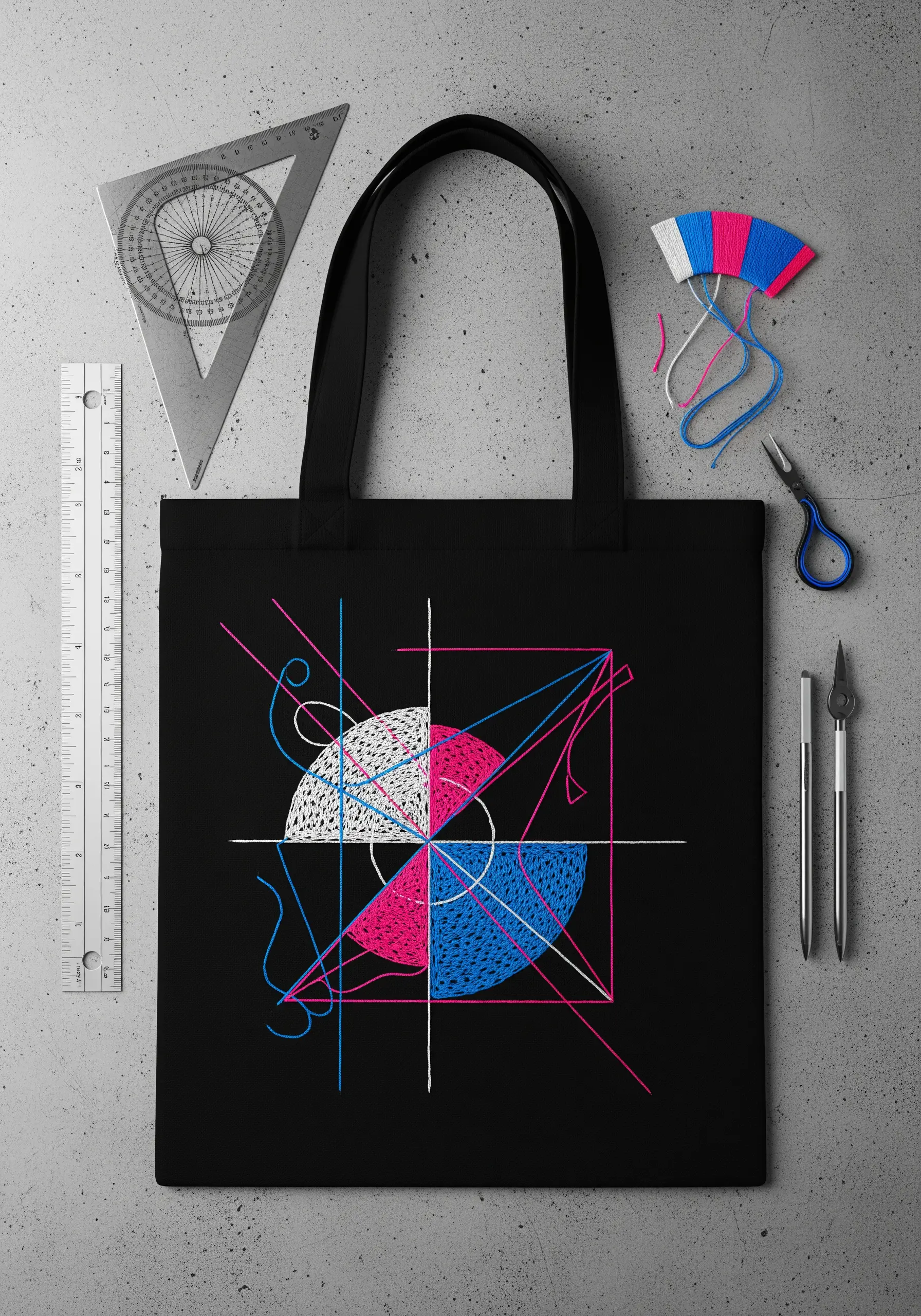 Abstract geometric embroidery in pink, blue, and white on a black tote bag.