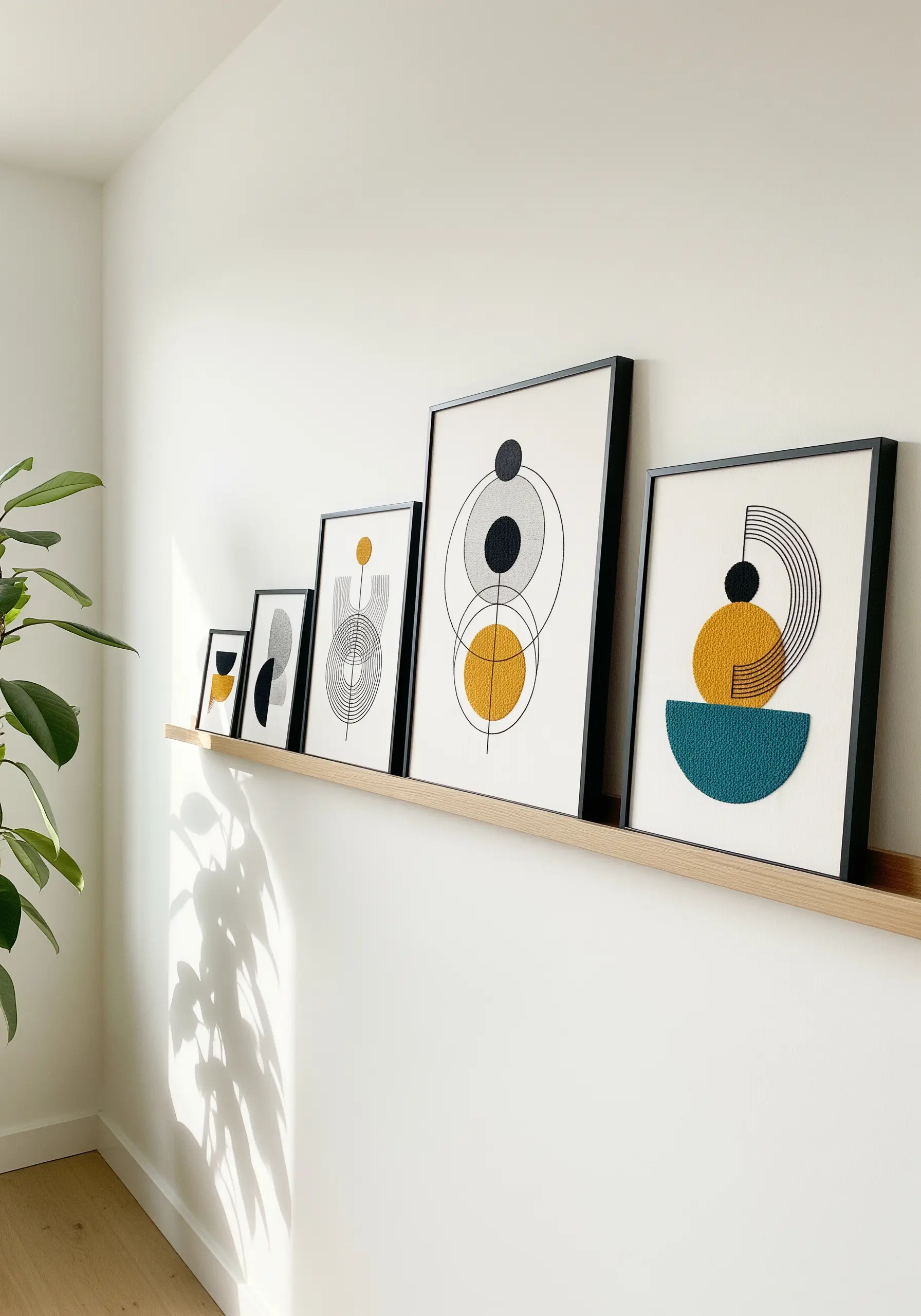 Abstract geometric embroidery with textured circular fills and thin black lines.