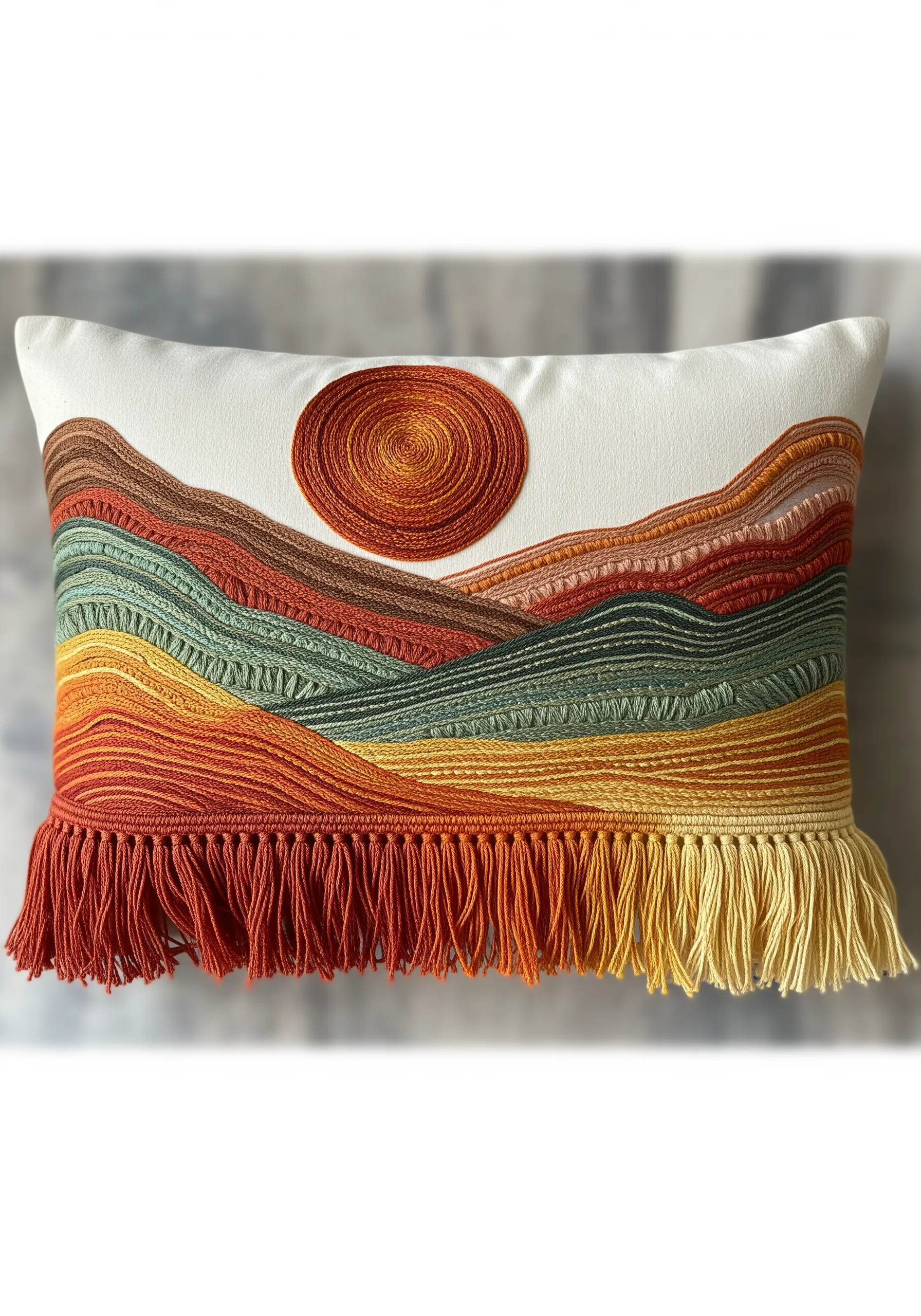 Abstract landscape embroidery on a pillow with layered satin stitches and a colorful fringe.